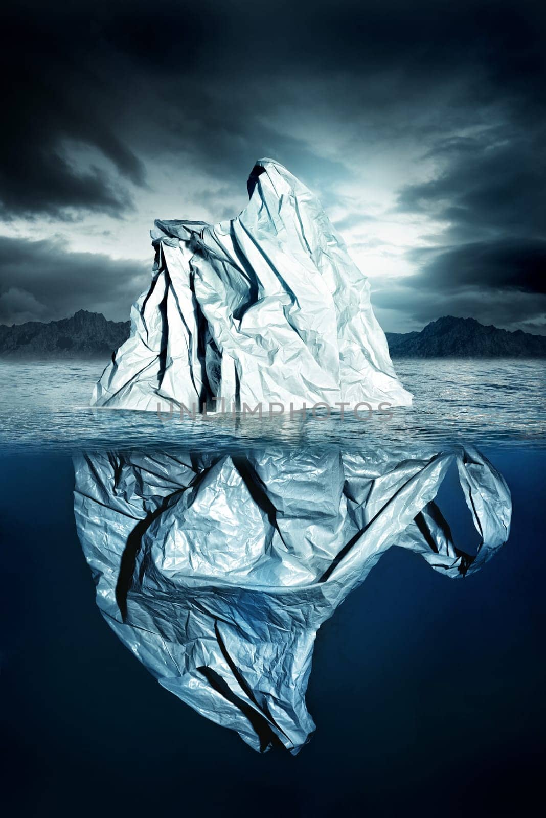 Pollution, Pastic Bag floating in the sea like an iceberg