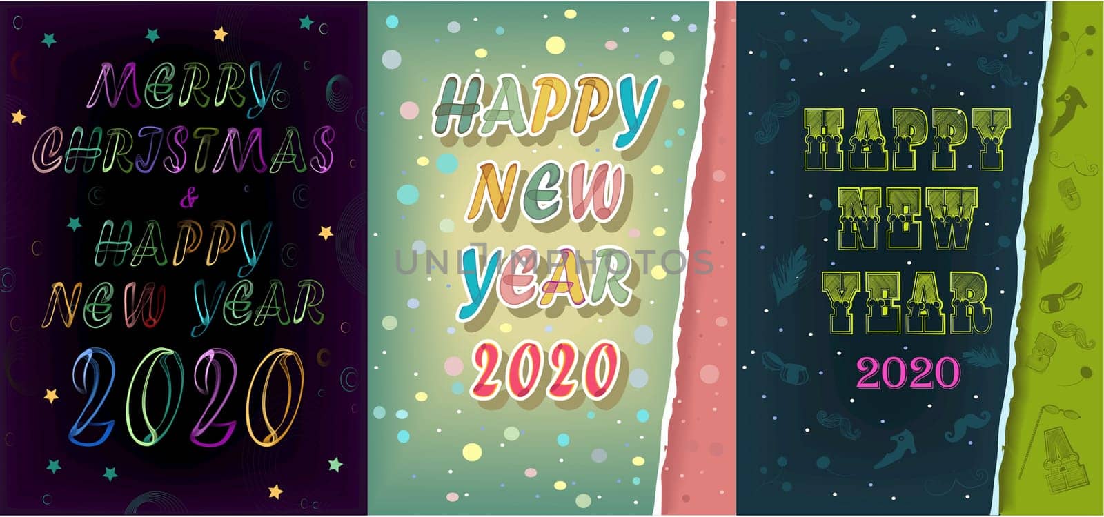 Merry Christmas and Happy New Year 2020. Artistic colorful alphabet with neon effect and retro style. Greeting cards set