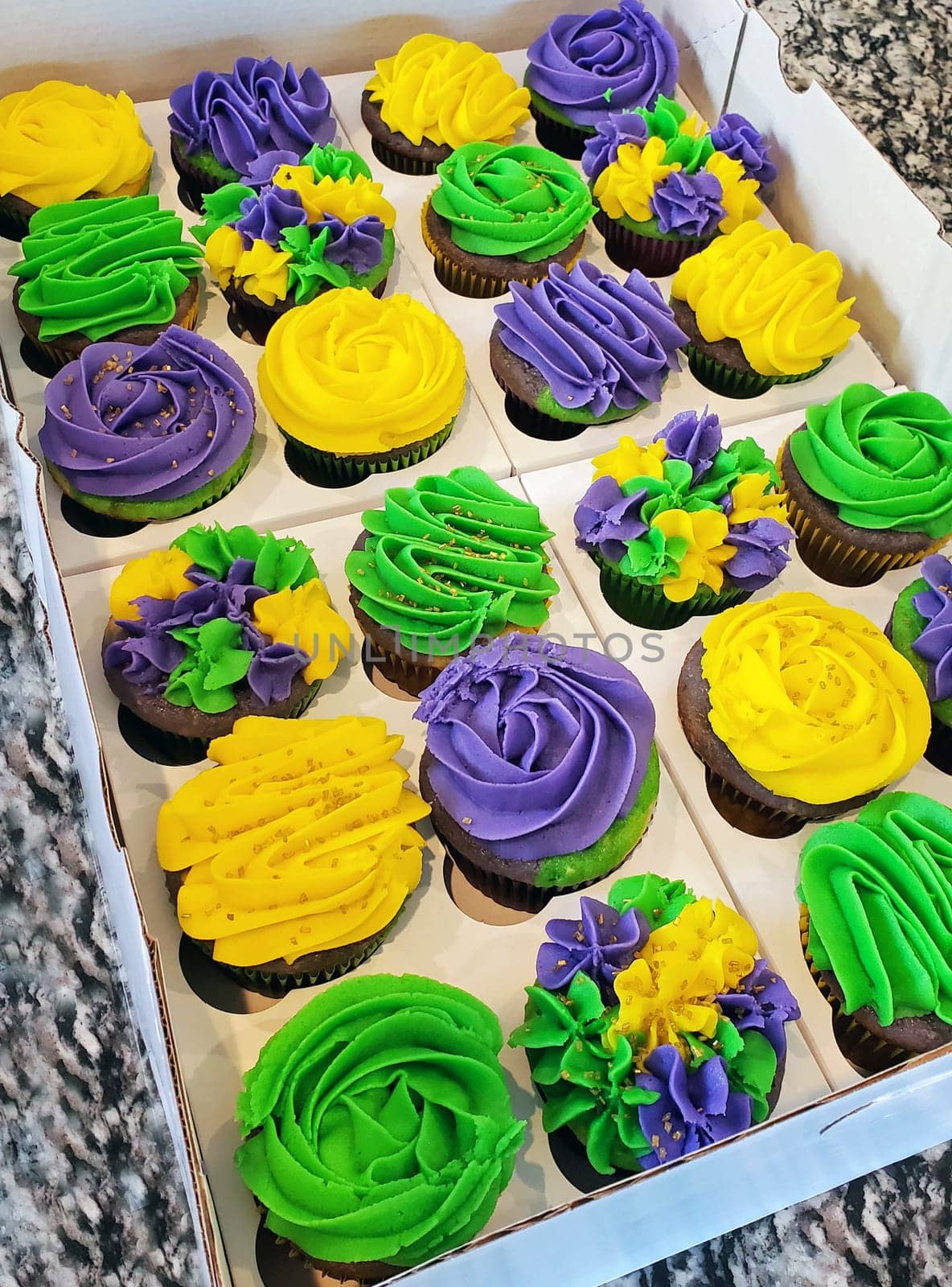 Two dozen colorful, purple, lime green and golden yellow Mardi Gras, chocolate, cupcakes in a bakery box.