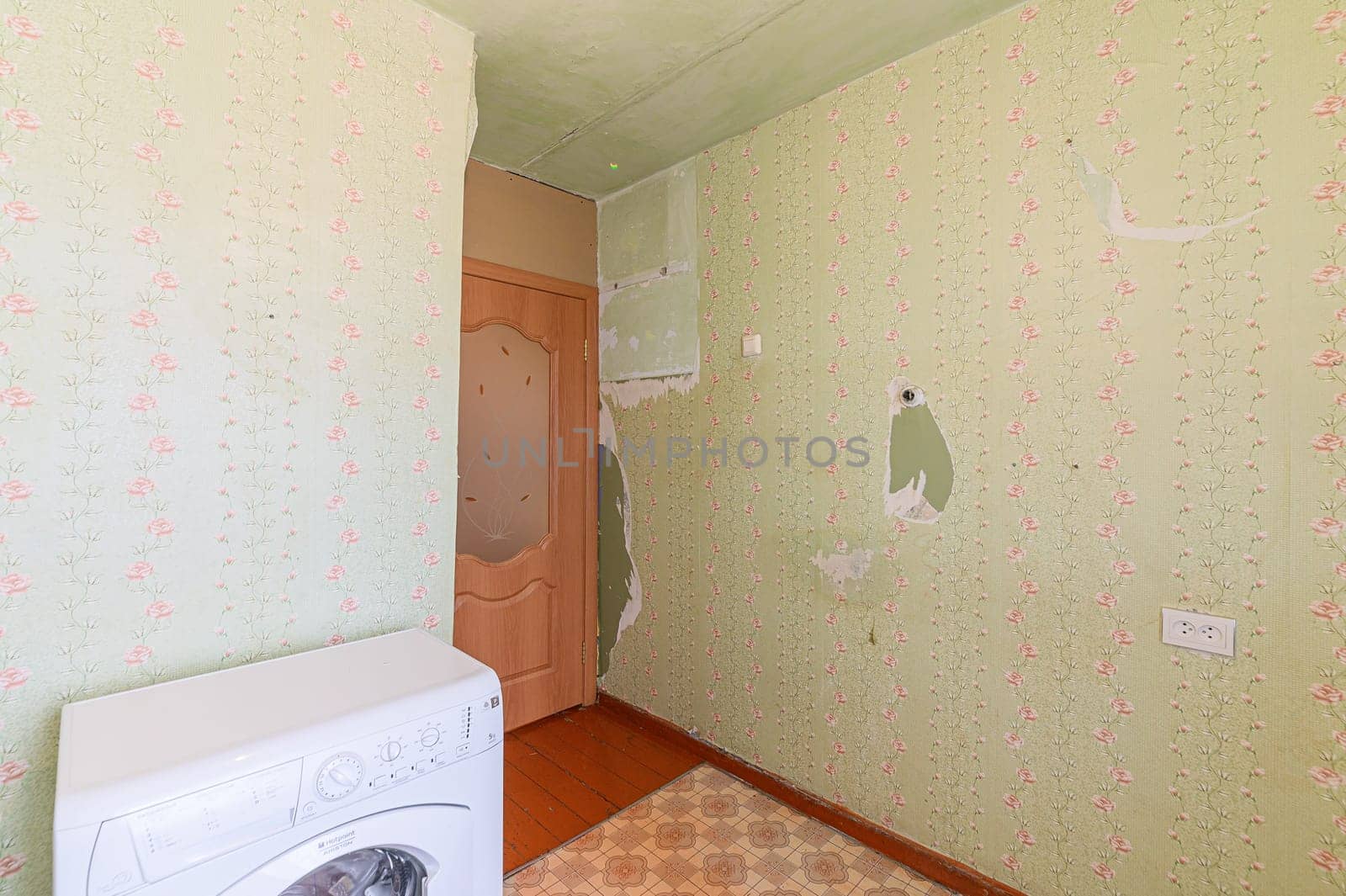 Russia, Moscow- October 17, 2019: interior room apartment decrepit old sloppy non modern setting. cosmetic repairs required