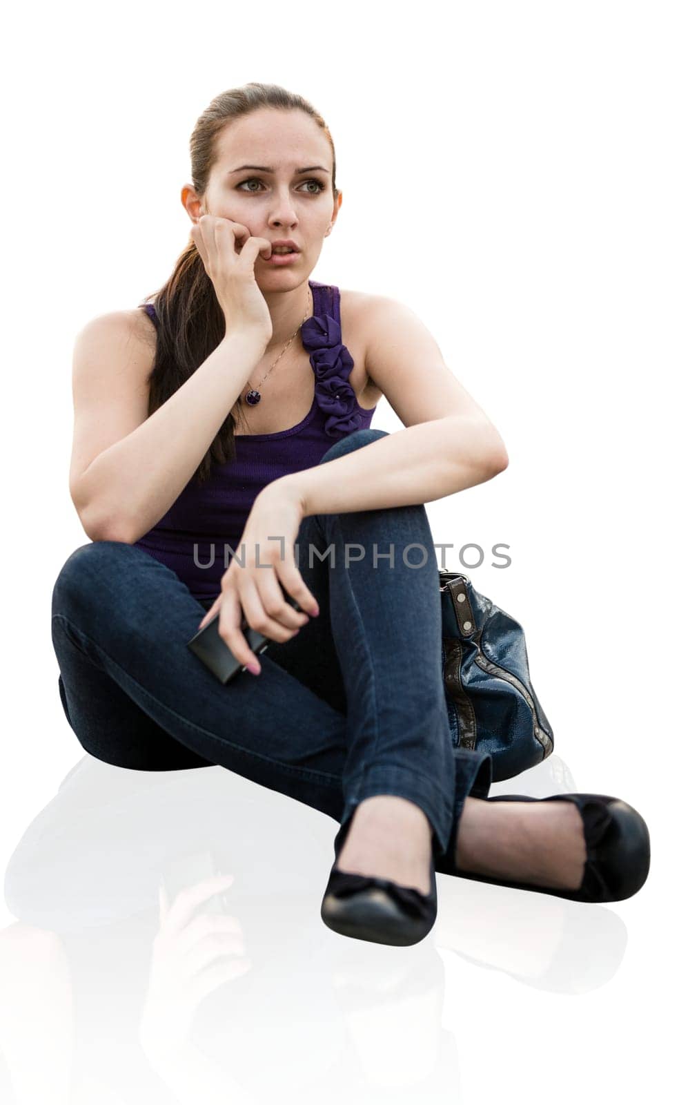 Young beautiful worried woman - isolated on white background