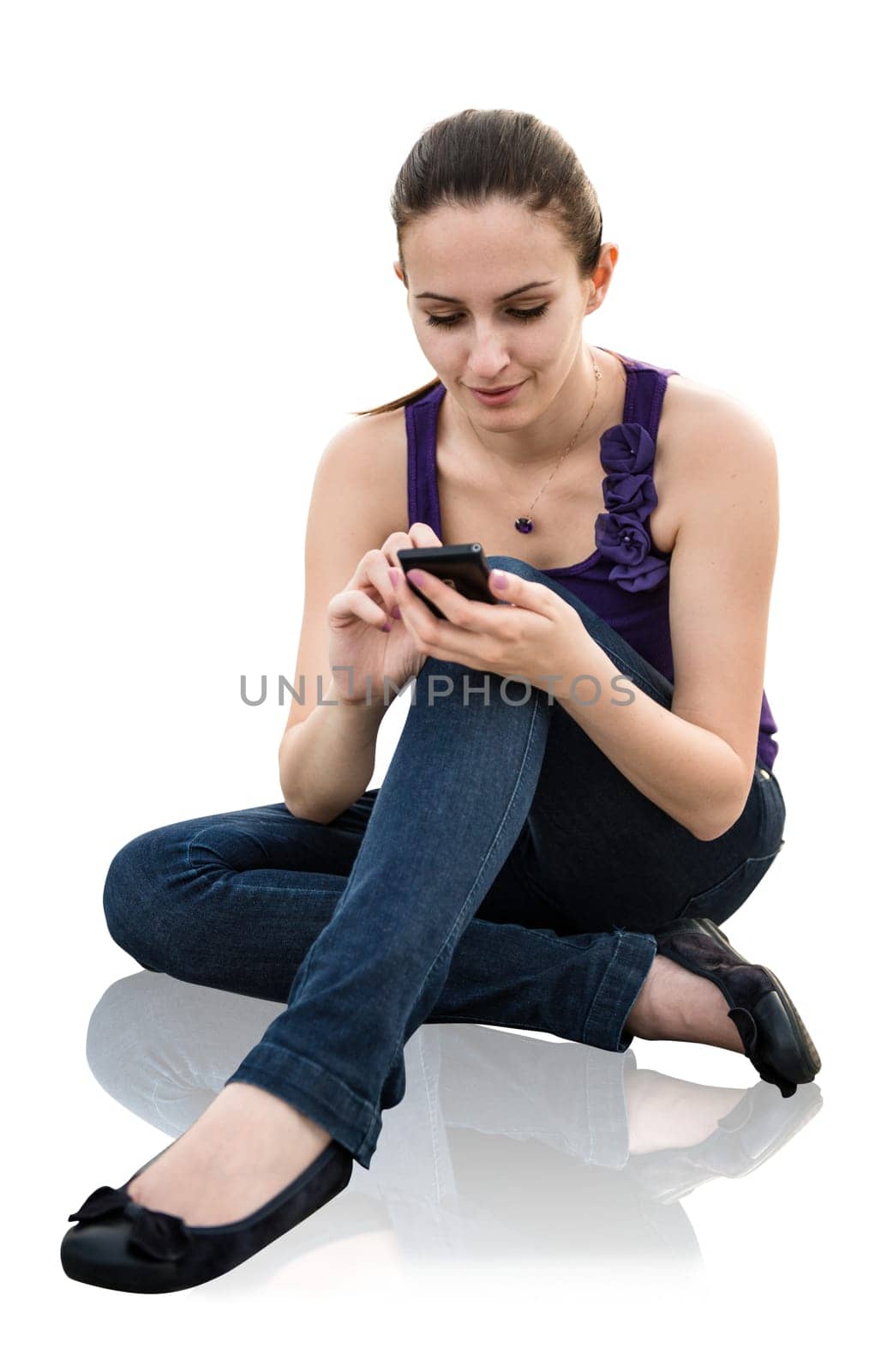 Young woan working with touchscreen on smartphone - isolated on white
