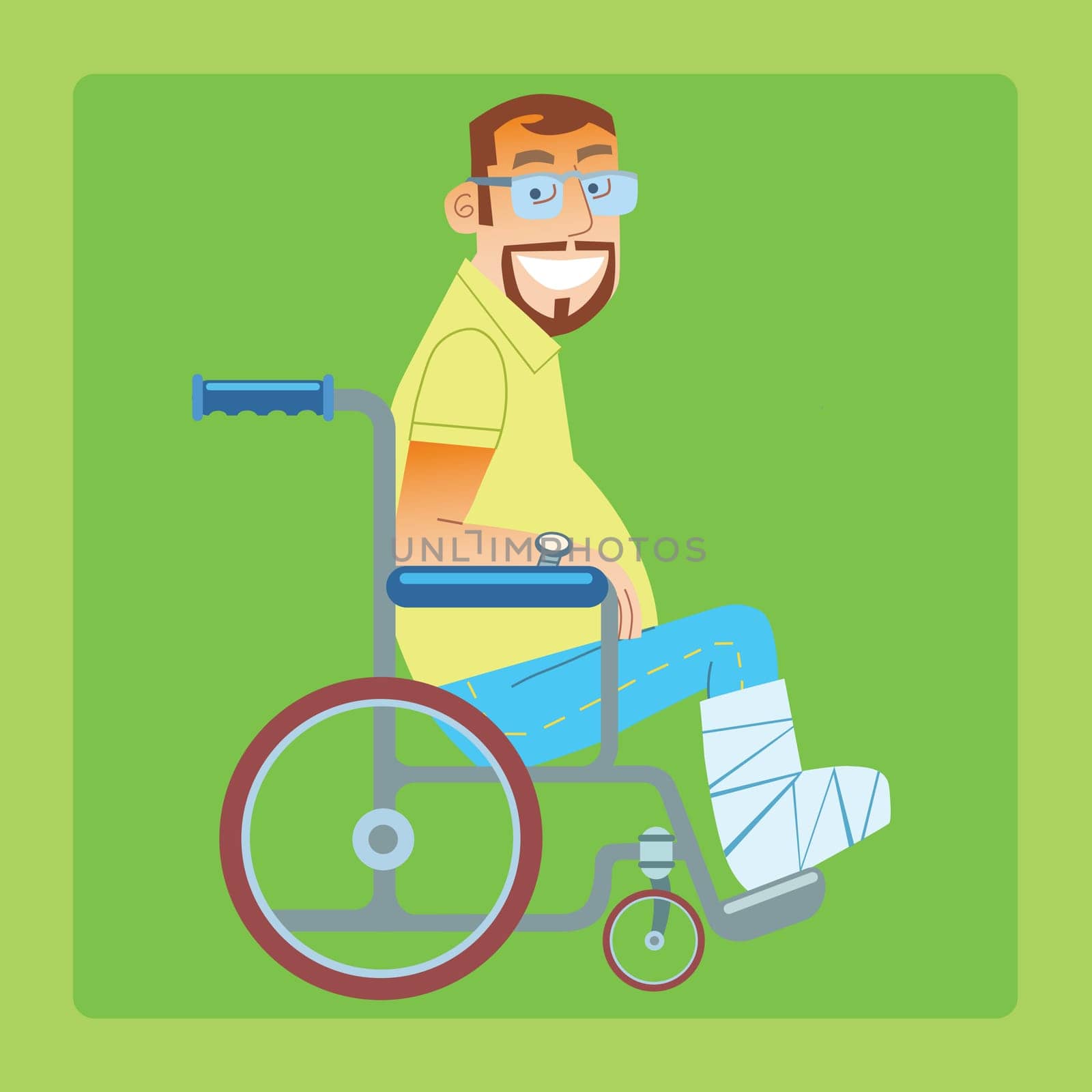 A broken leg. A trauma patient in a wheelchair with a bandaged leg