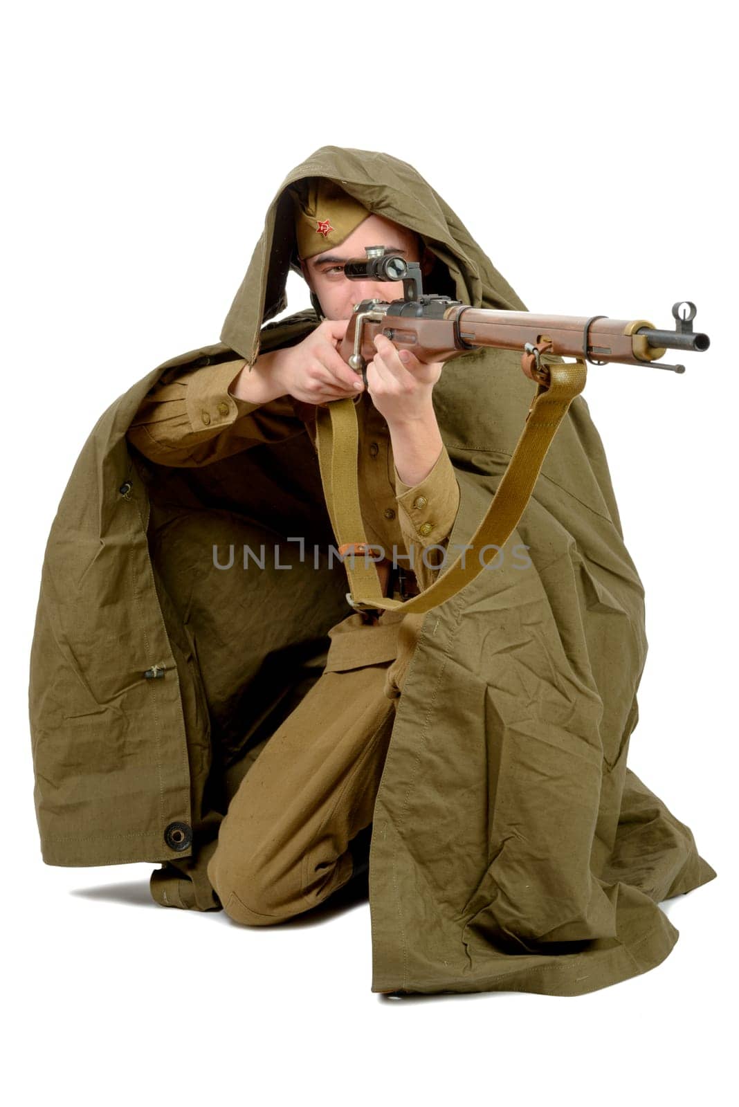 Soviet sniper with his rifle on the white background
