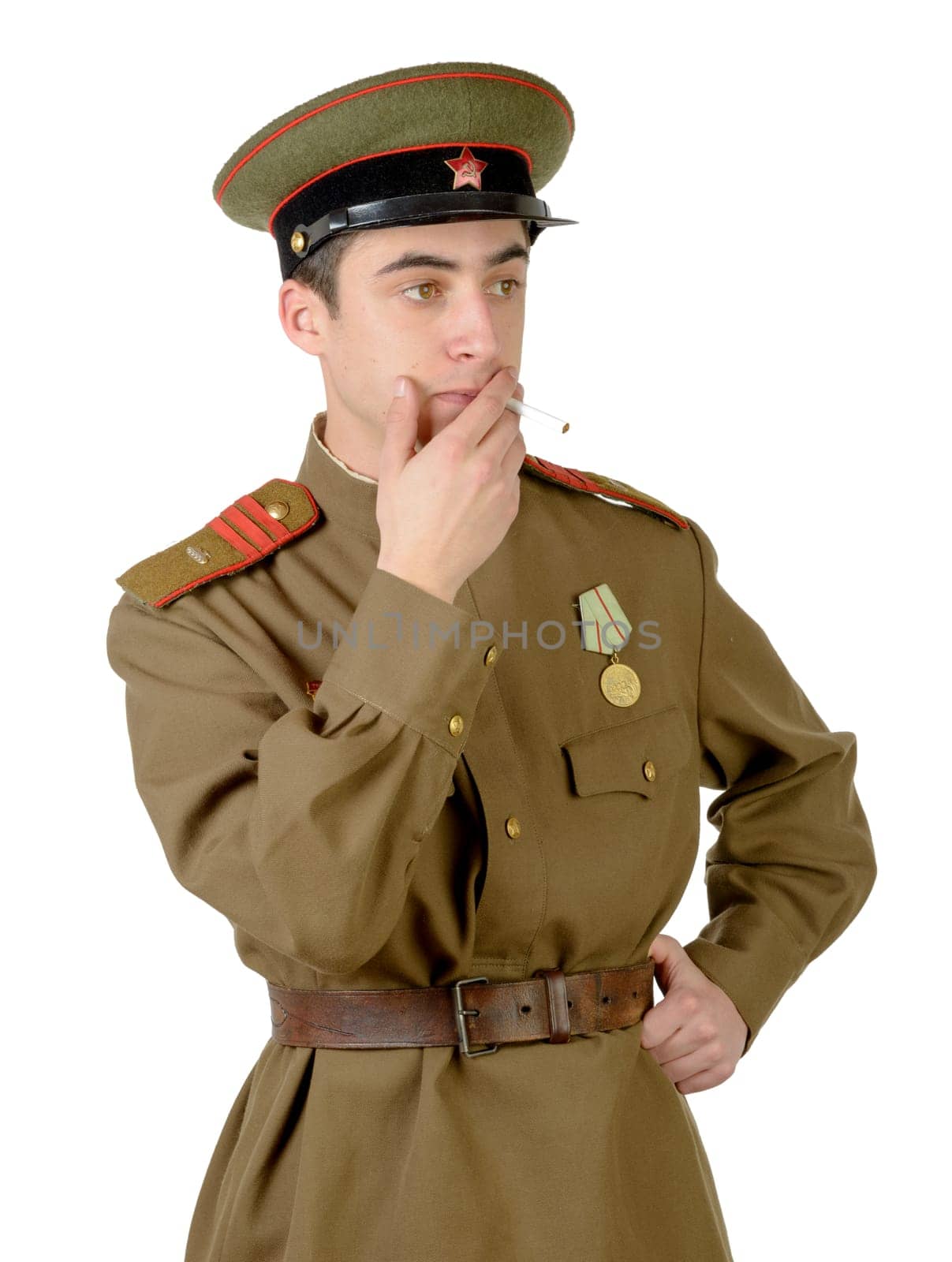 young Soviet officer during World War II on white