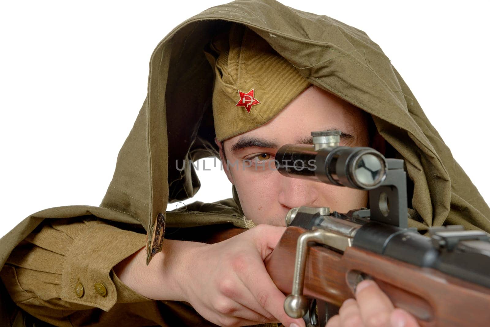 Soviet sniper with his rifle on the white background