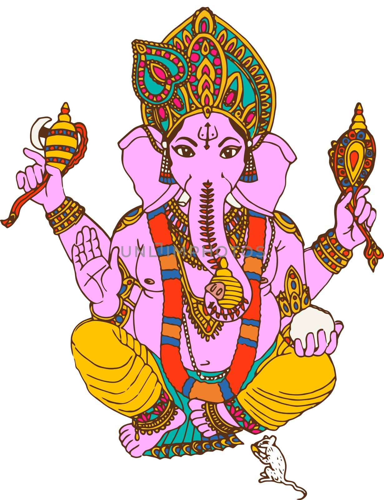 holy seated Ganesha pink hindu lord faith mythology bless god illustration mouse