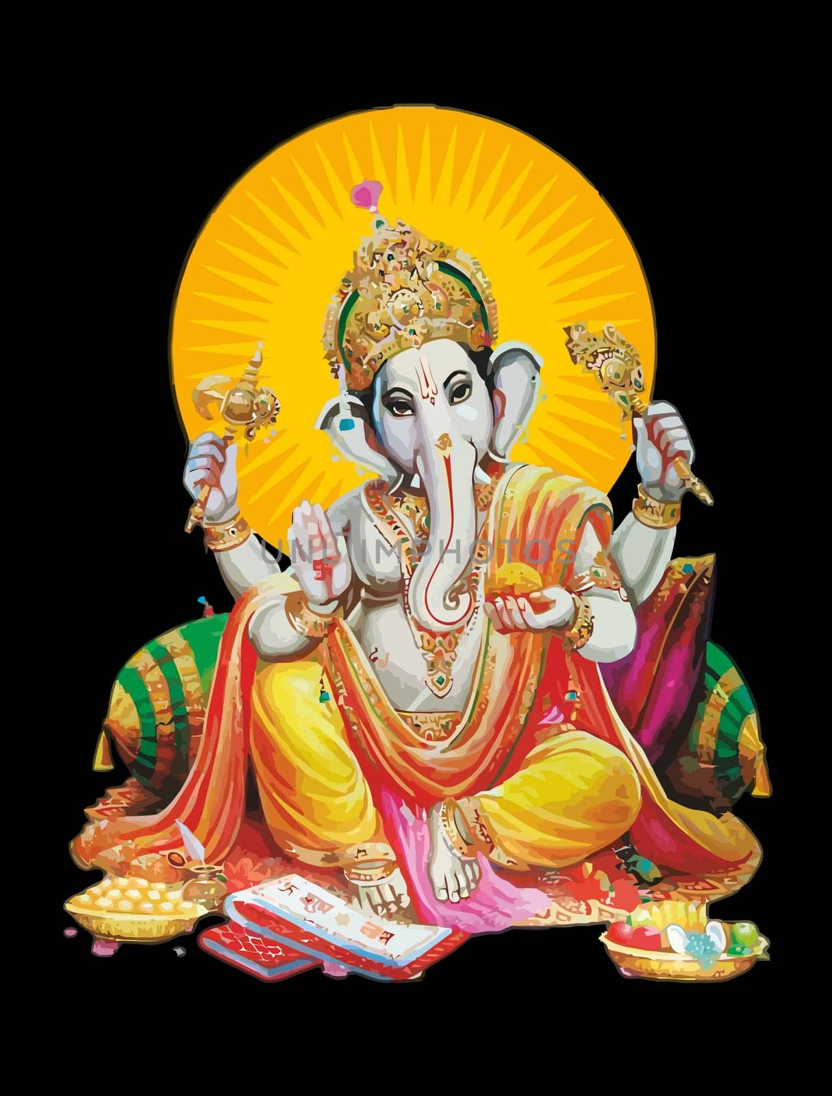 seated Ganesha hindu lord faith mythology sun light illustration