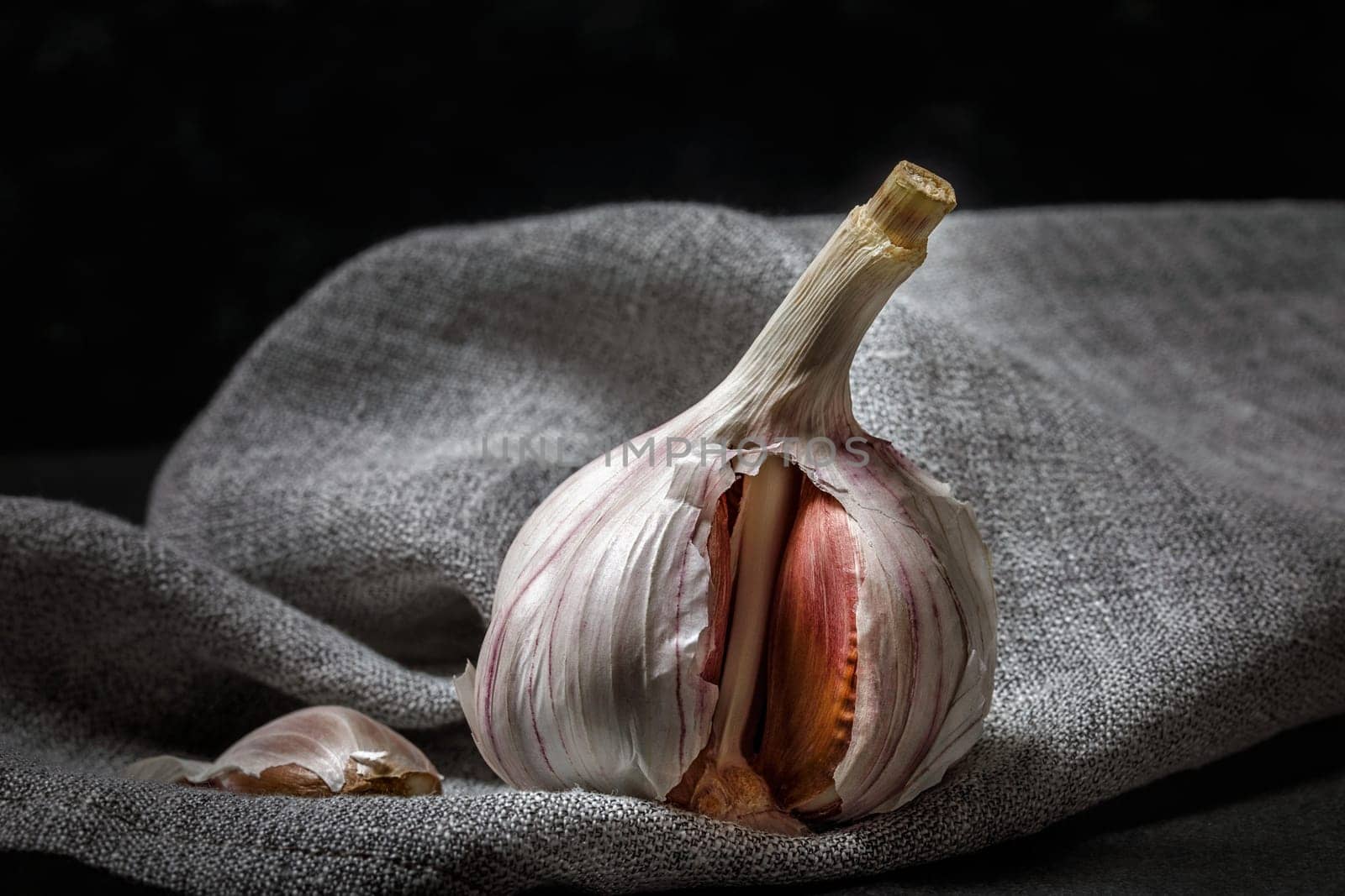 Head of fresh garlic on linen napkin and dark background