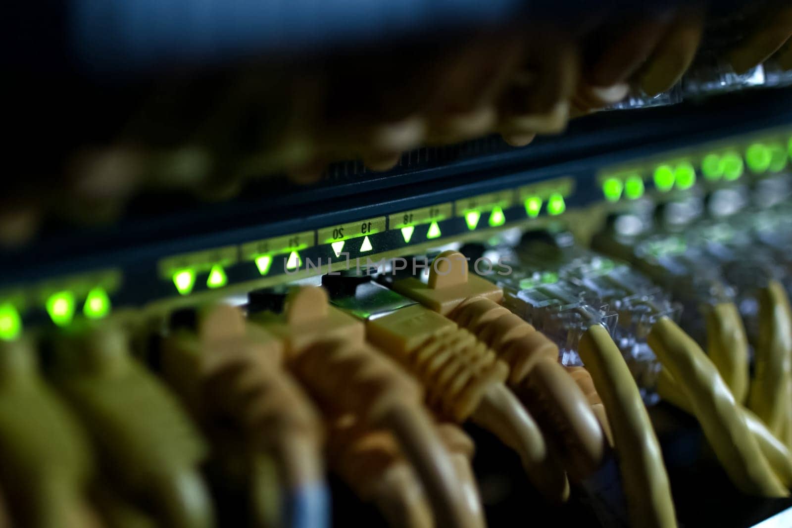 Connections of Internet cables with servers. Server date centers.