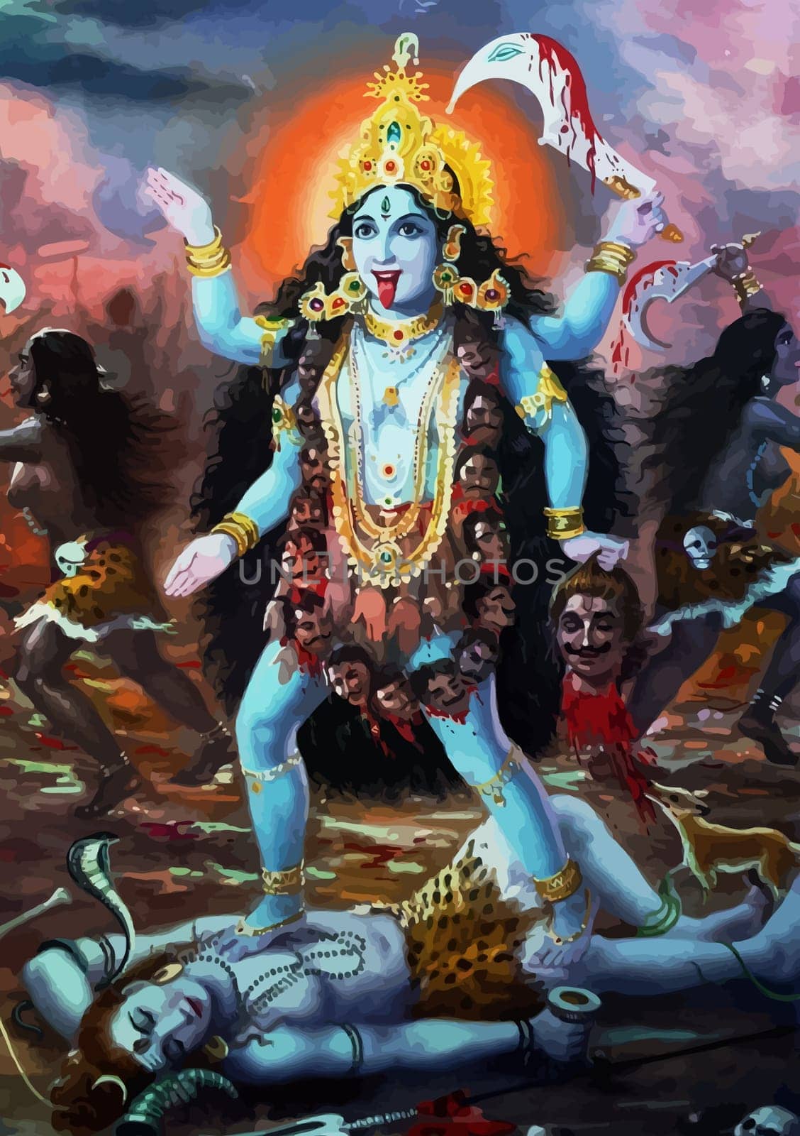 kali goddess of death indian hindu illustration tongue hanging sun