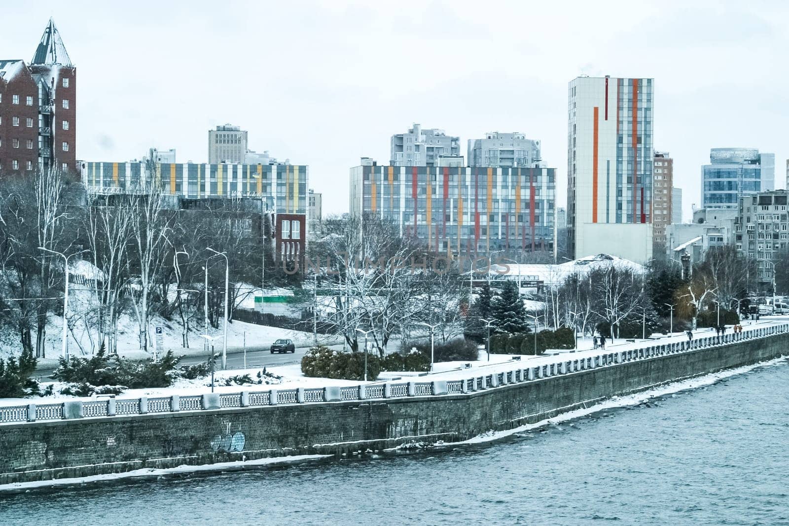 Dnipro city landscape in winter. The photo can be used for weather forecast
