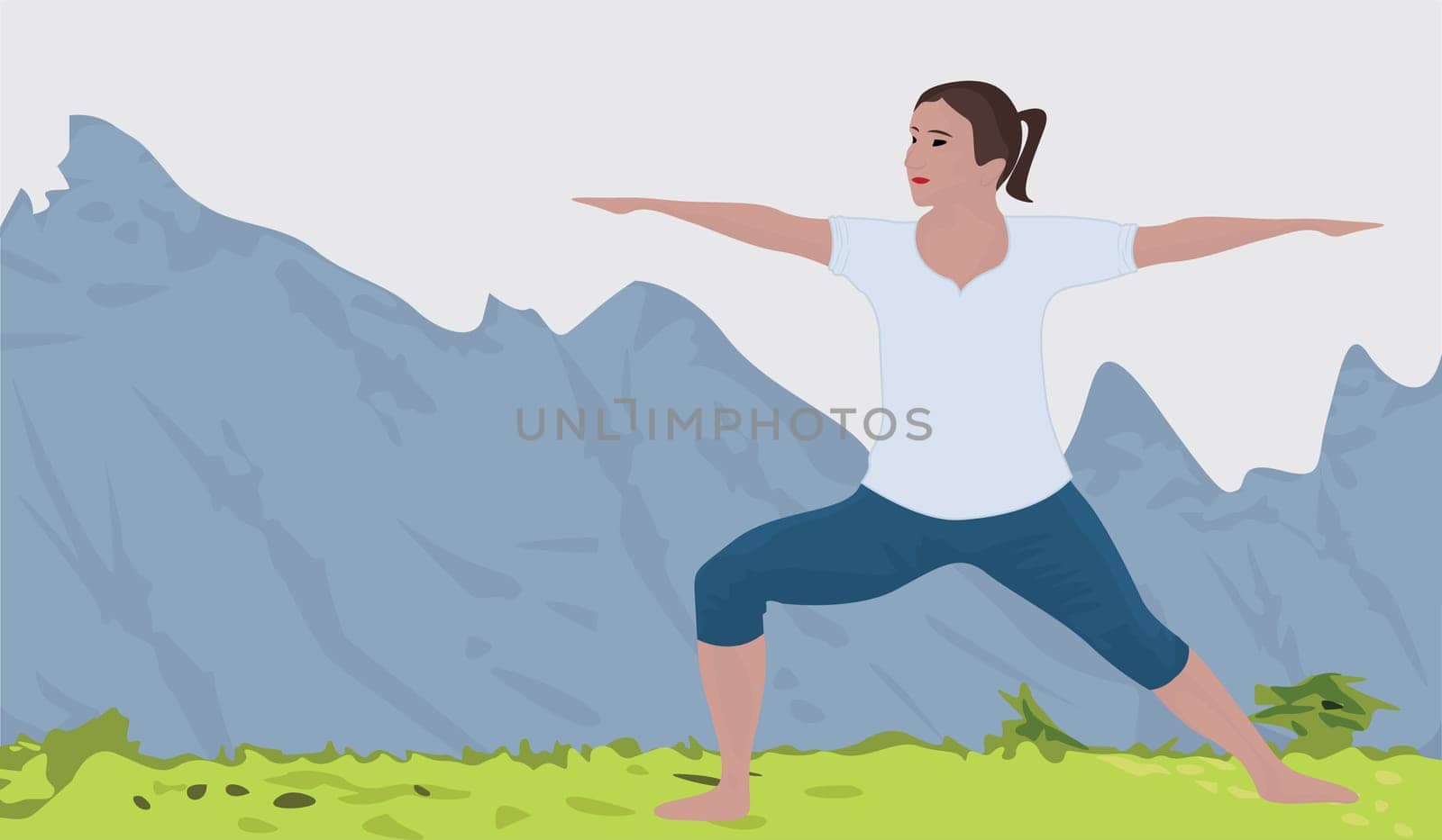 Mountain landscape background and a woman doing yoga exercise vector illustration