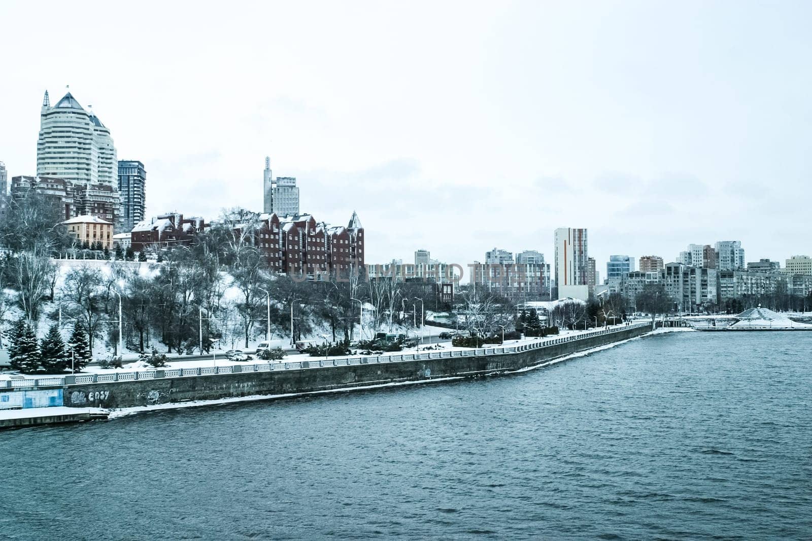 Dnipro city landscape in winter. The photo can be used for weather forecast