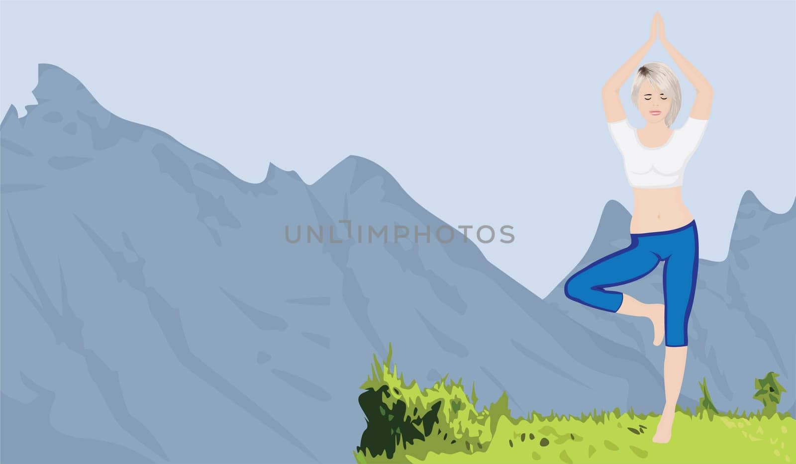 Mountain landscape background and a woman doing yoga excercise vector illustration