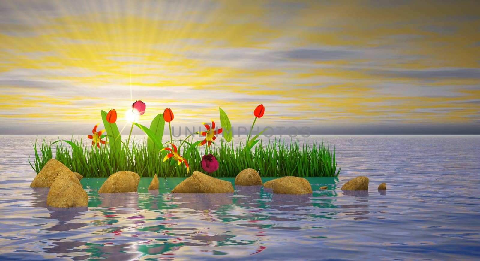Flowers and stones in the water at sunset background. 3D render