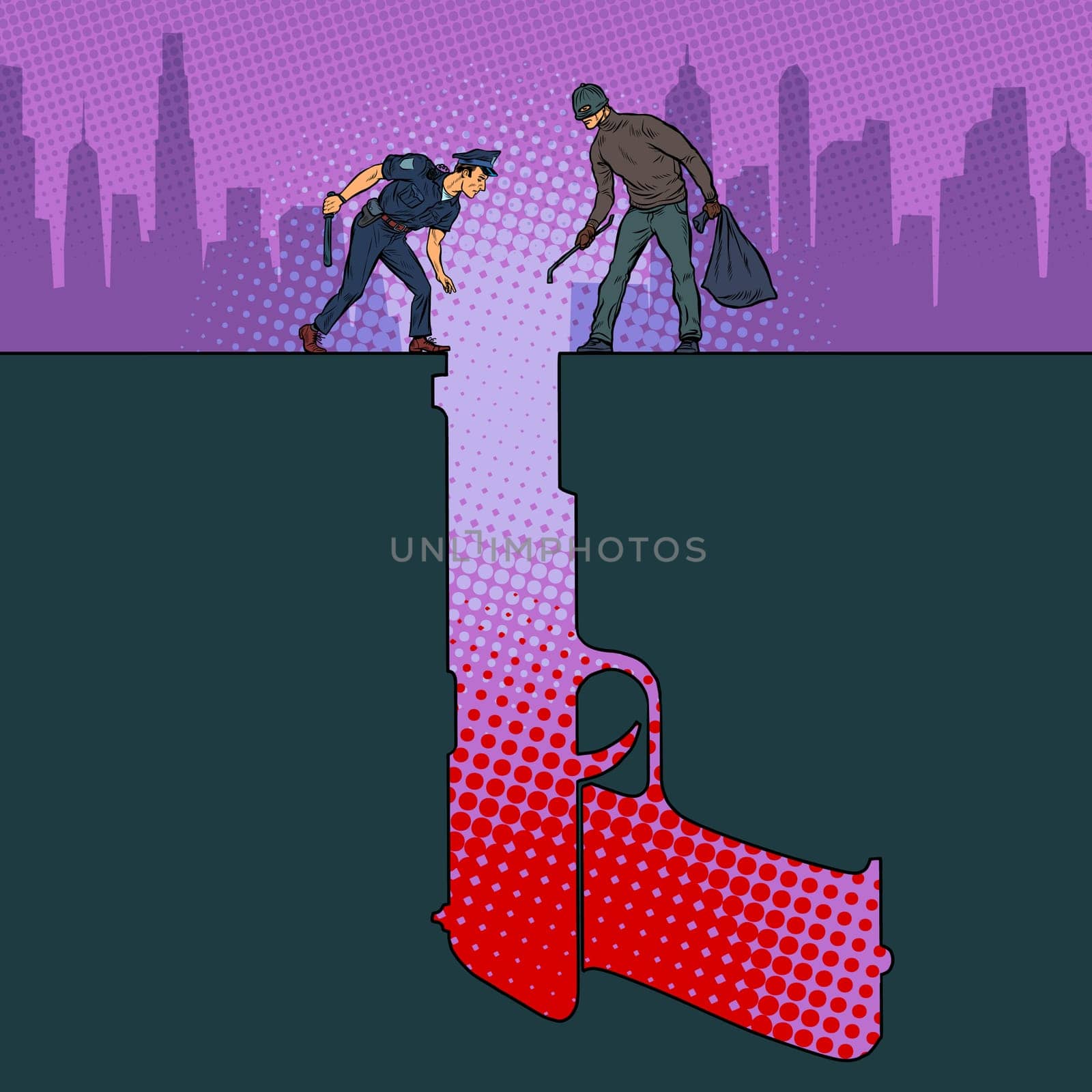 Gun police criminal crime detective. Pit silhouette. Pop art retro vector illustration 50s 60s style
