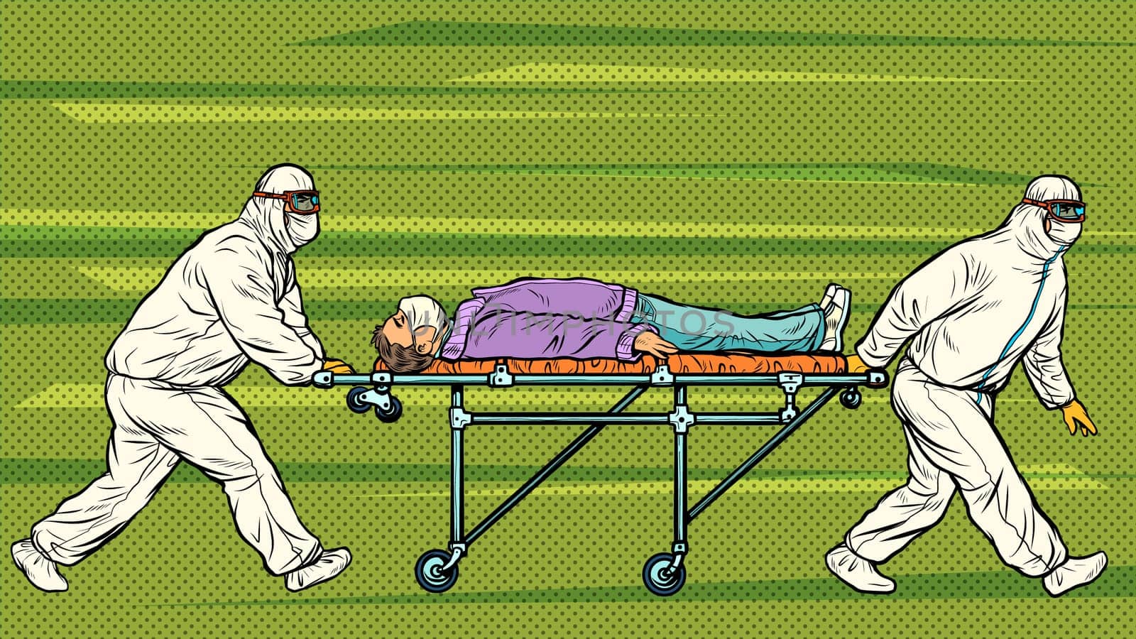 Doctors take away a sick patient. Novel Wuhan coronavirus 2019-nCoV epidemic outbreak. Pop art retro vector illustration 50s 60s style