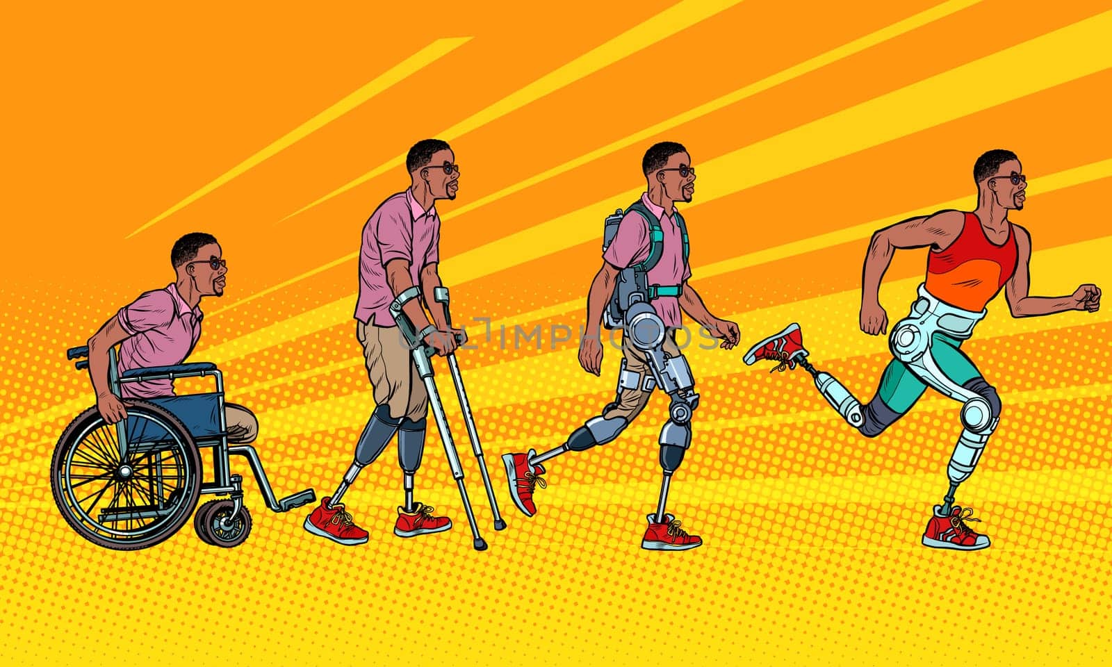 Evolution of rehabilitation. african man leg prosthesis. Pop art retro vector illustration vintage kitsch 60s 50s