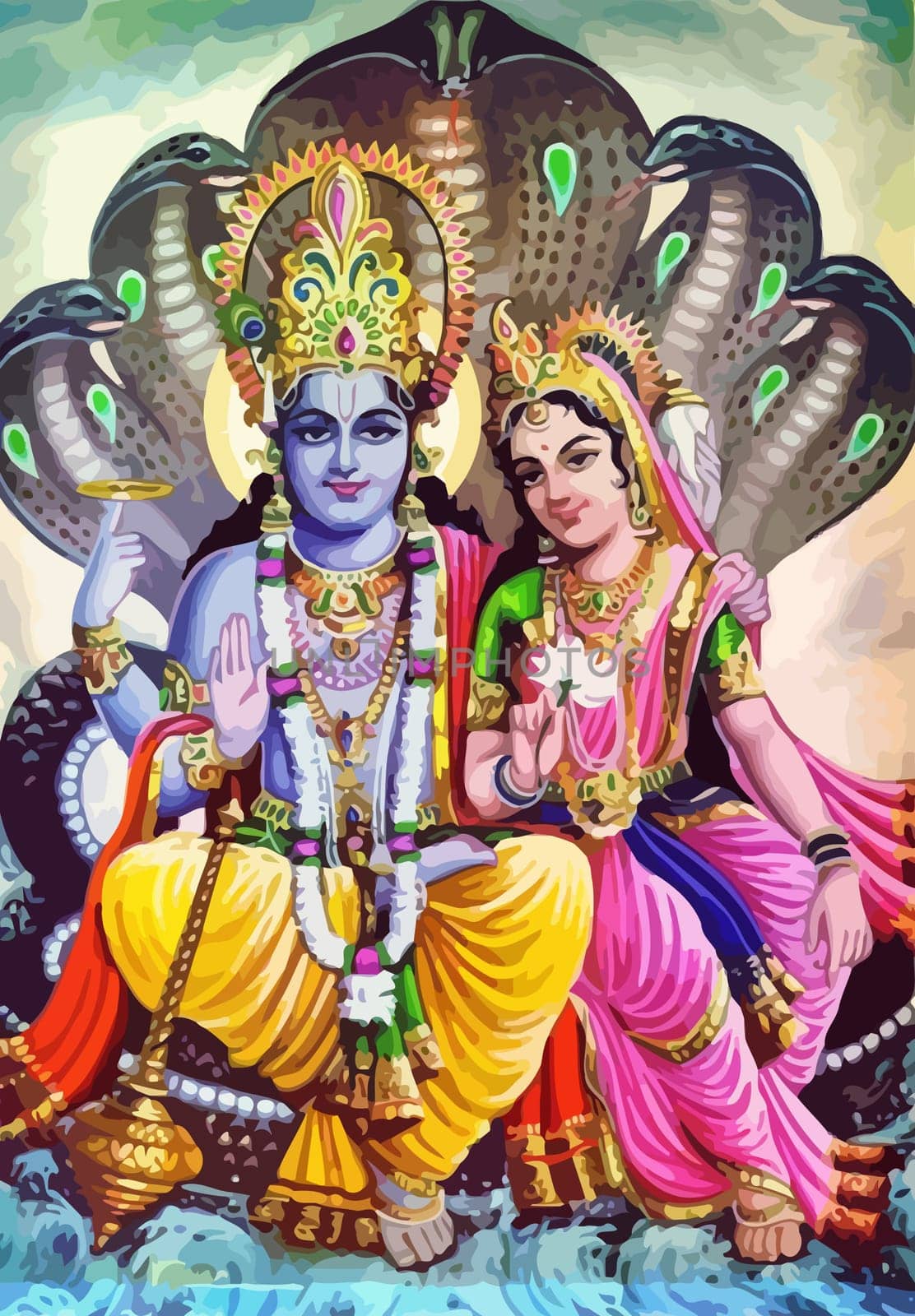 lord  Vishnu and Laksmi snake l hinduism culture mythology illustration
