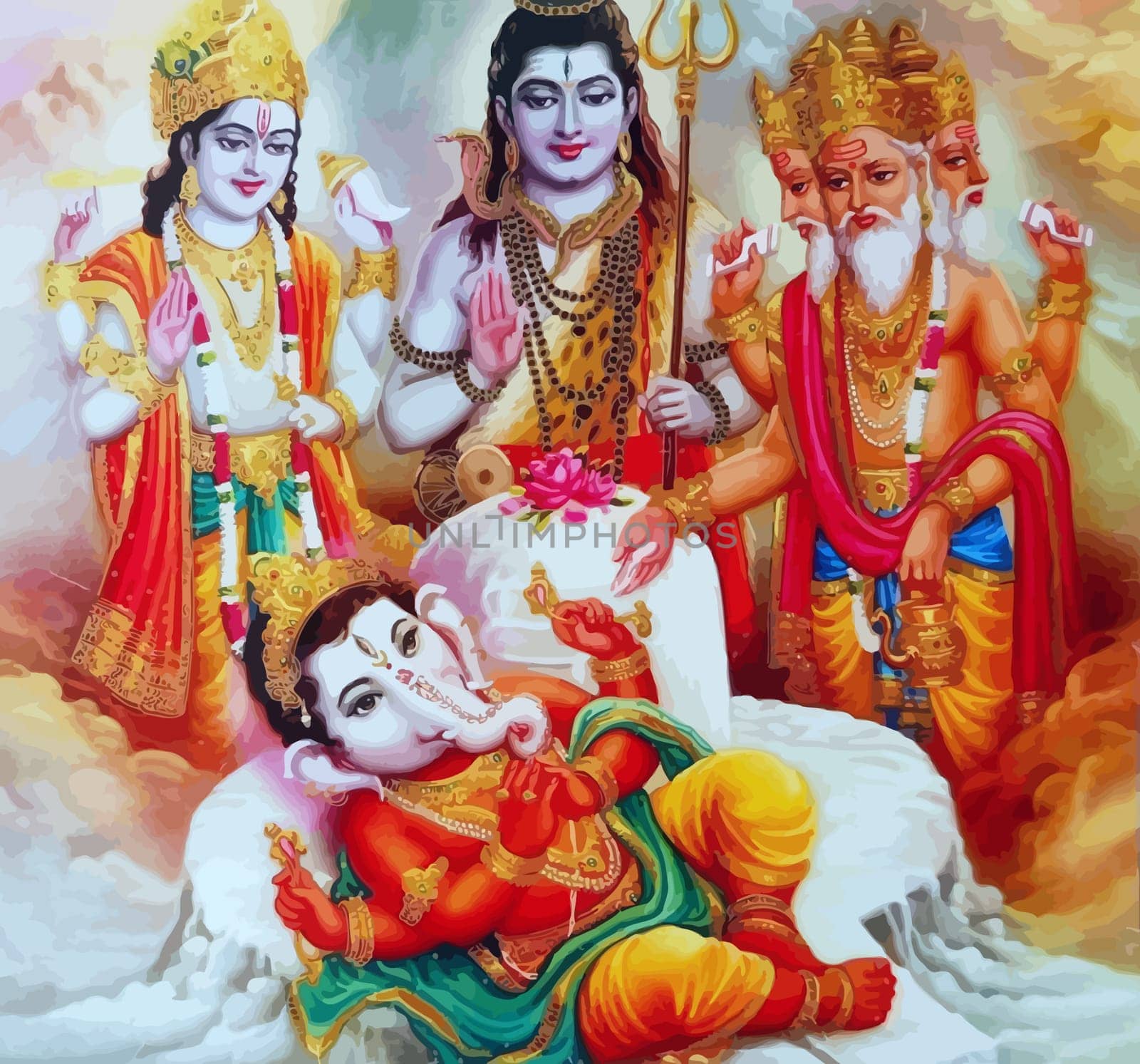 lord  Brahma  baby elephant Ganesha  prosperity  hinduism  mythology illustration