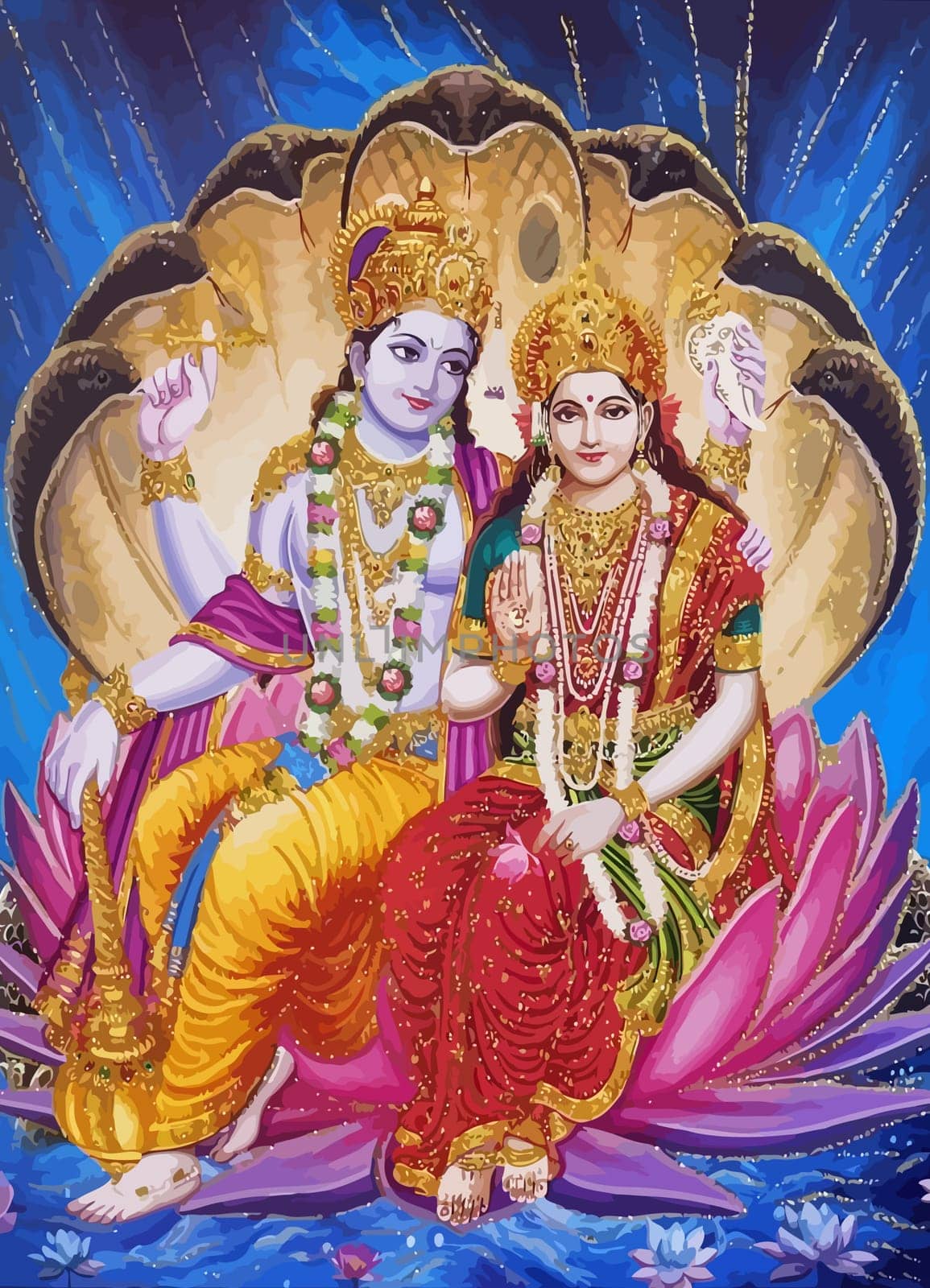 lord  Vishnu  lady Lakshmi lotus flower  prosperity  hinduism  mythology illustration