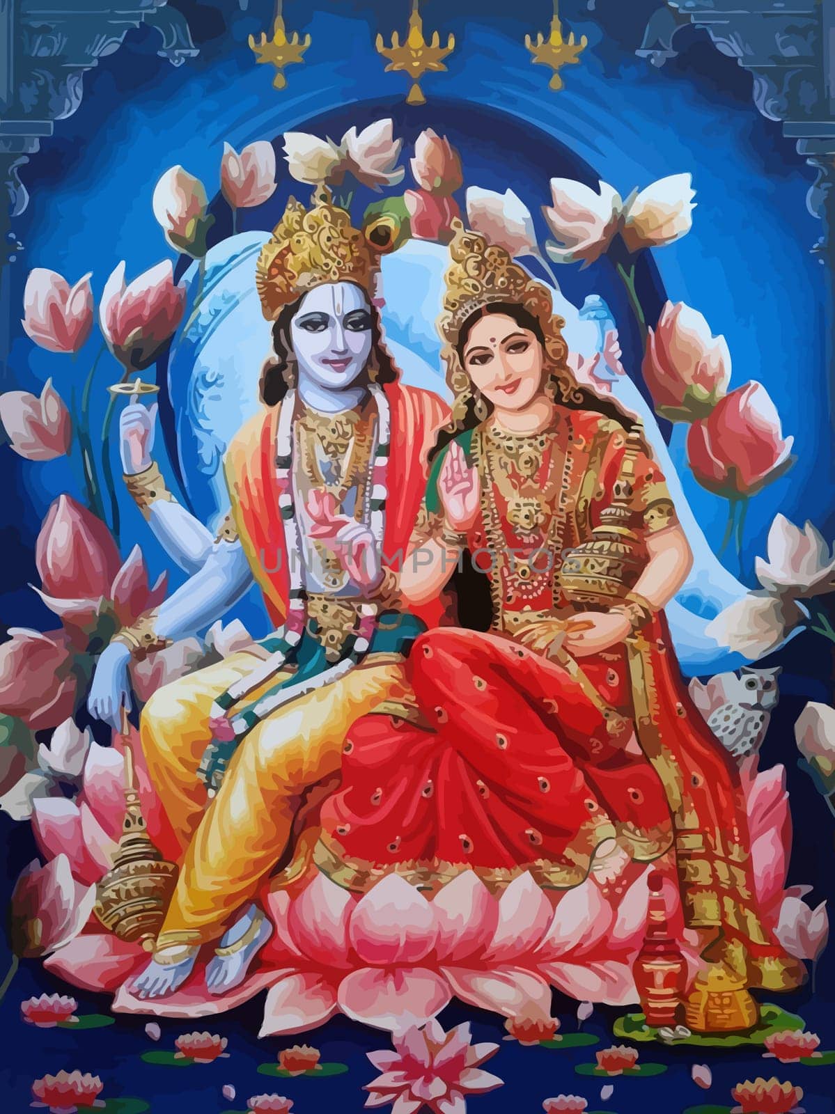 lord  Vishnu  lady Lakshmi lotus flower owl prosperity  hinduism  mythology illustration