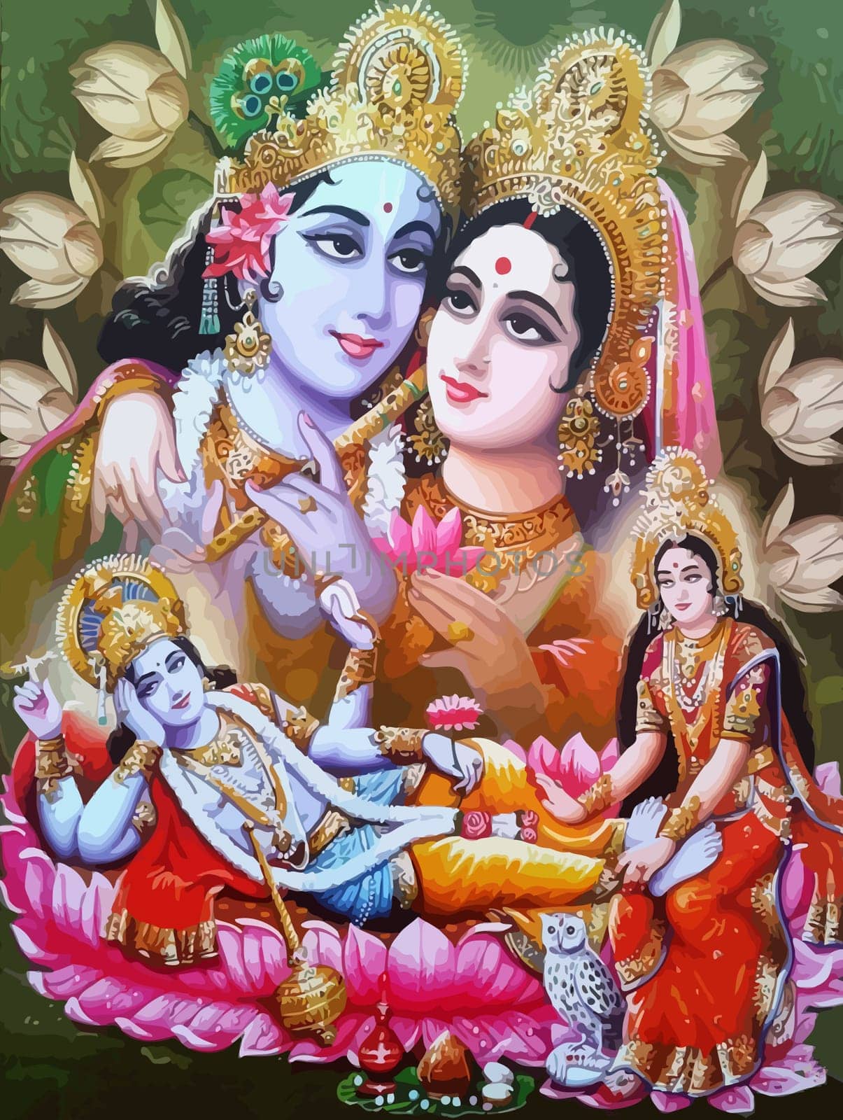 lord  Vishnu  lady Lakshmi wife  lotus flower  prosperity  hinduism  mythology illustration