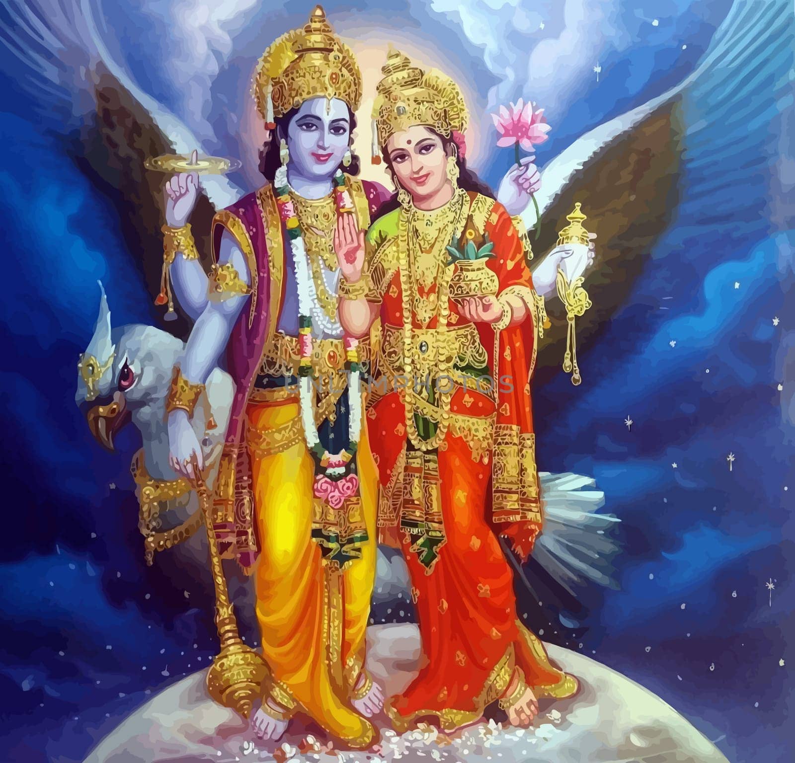 lord  Vishnu  lady Lakshmi wife bird  prosperity  hinduism  mythology illustration
