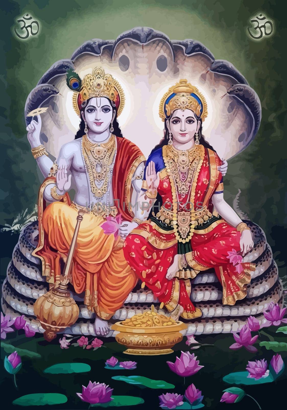 lord  Vishnu  lady Lakshmi lotus flower prosperity hinduism  mythology illustration