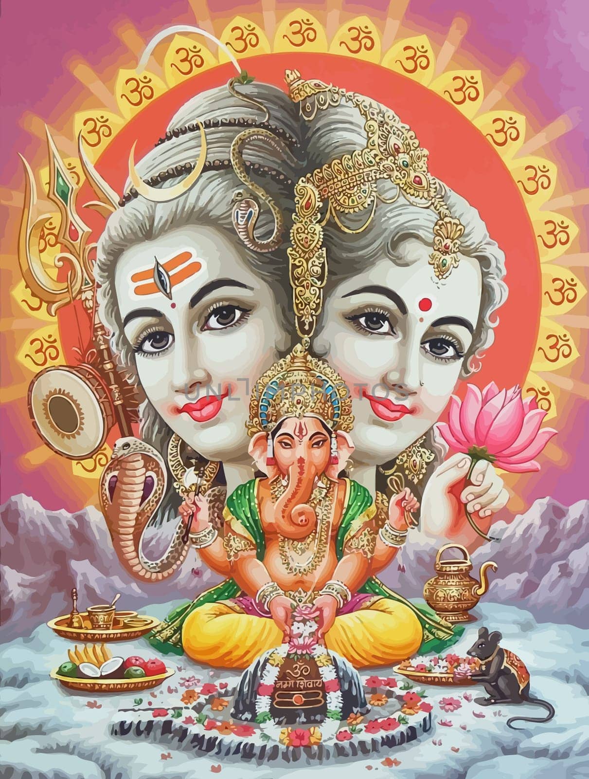 lord  Vishnu  lady Lakshmi elephant Ganesha  prosperity  hinduism  mythology illustration