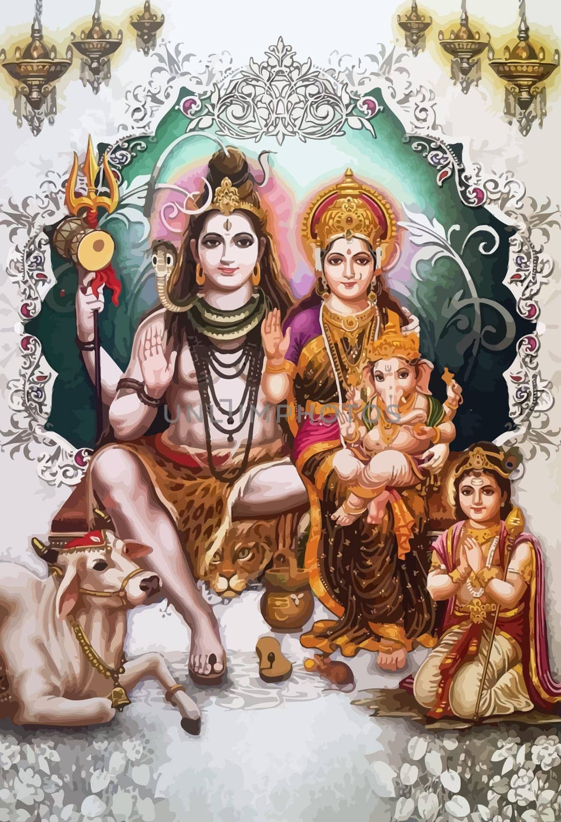 lord  Vishnu  lady Lakshmi baby Ganesha   prosperity  hinduism  mythology mouse illustration