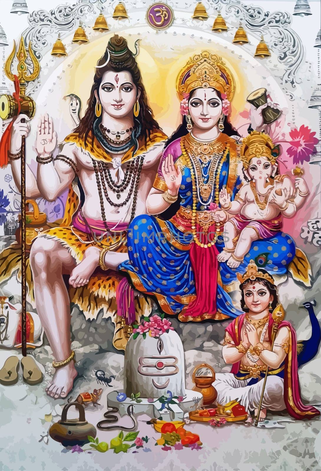 lord  Vishnu  lady Saraswati baby Ganesha peacock  mythology scorpion illustration