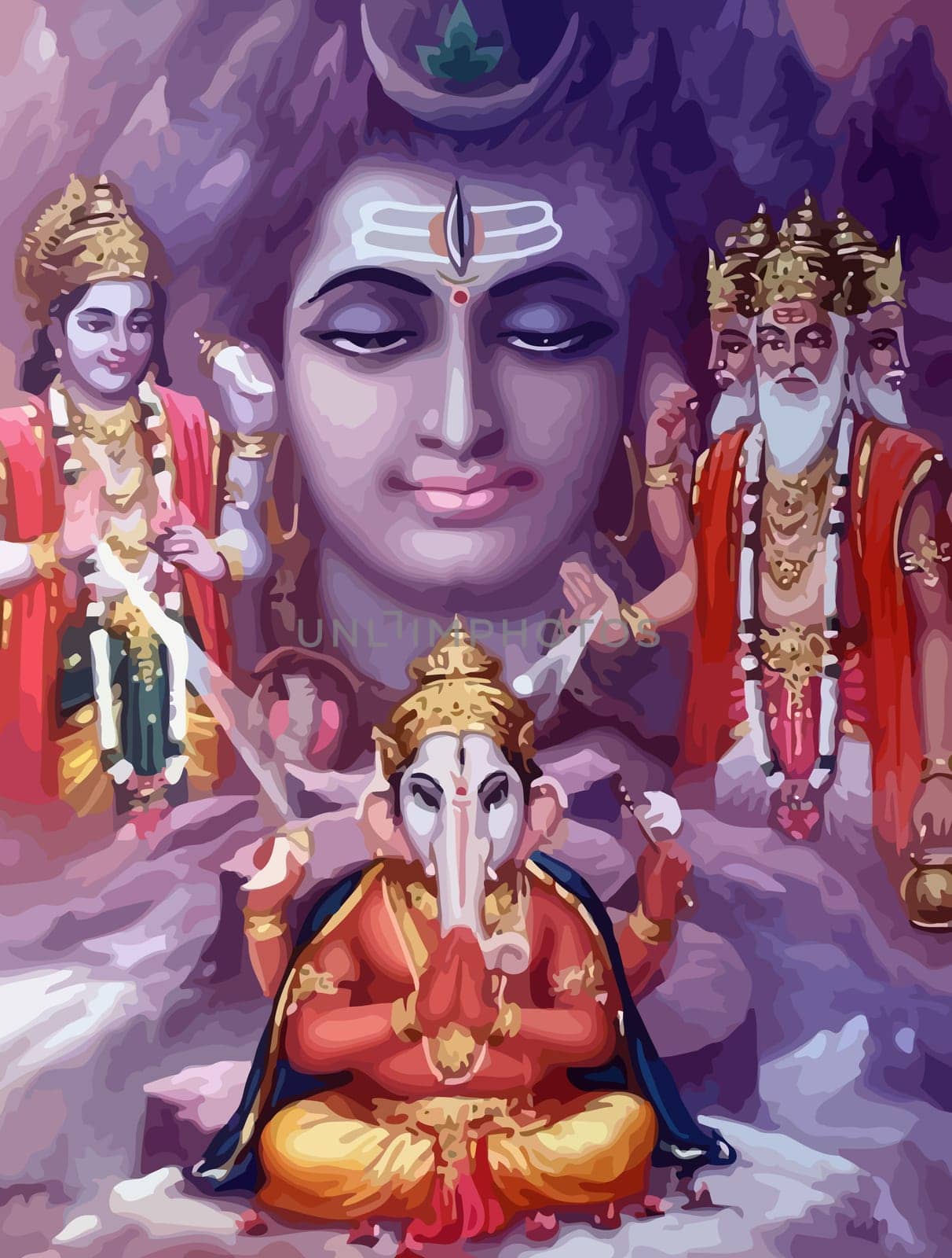lord  Vishnu  lady Surya light  Ganesha elephant  mythology illustration