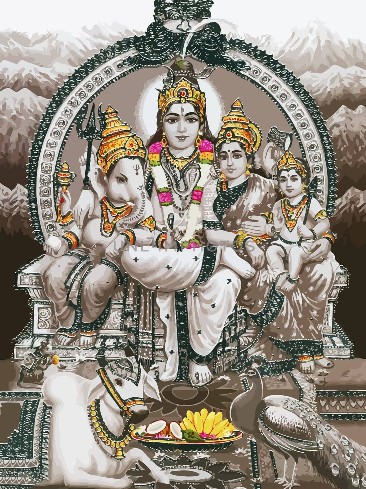 god Shiva snake and lady Saraswati peacock holy elephant Ganasha hinduism white  illustration