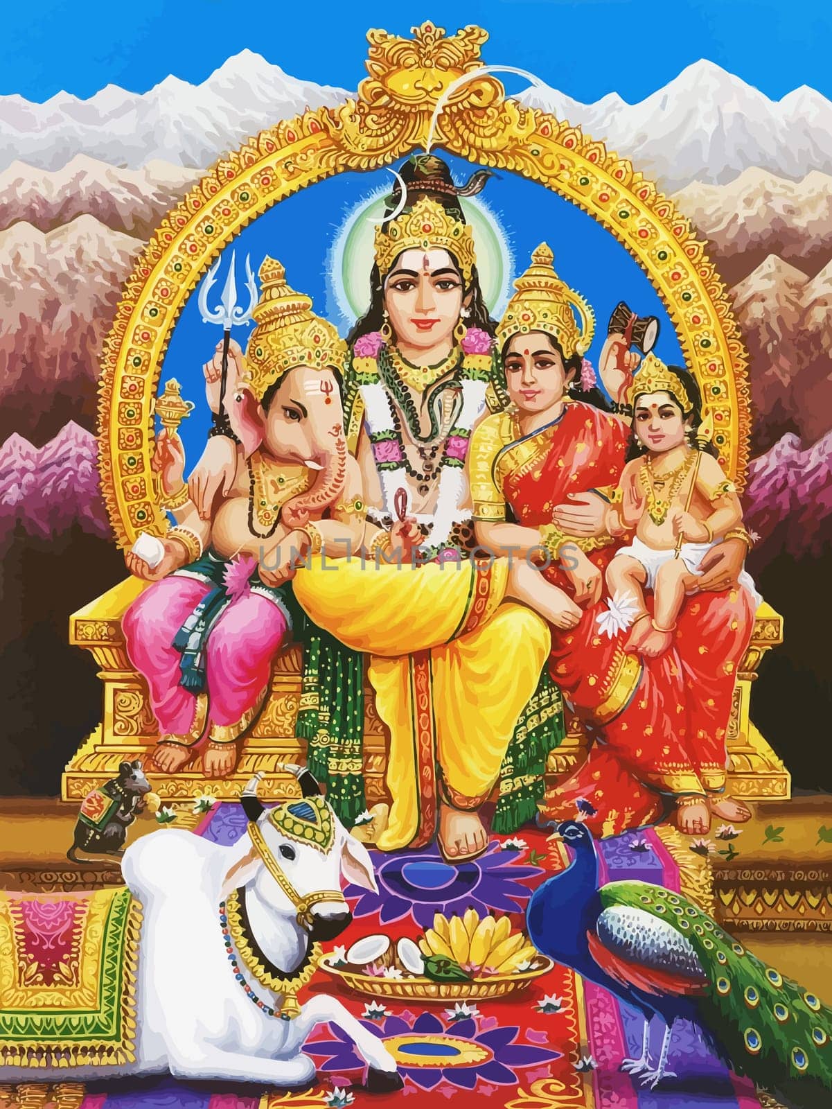 god Shiva snake and lady Saraswati peacock holy elephant Ganasha hinduism    mountains  illustration