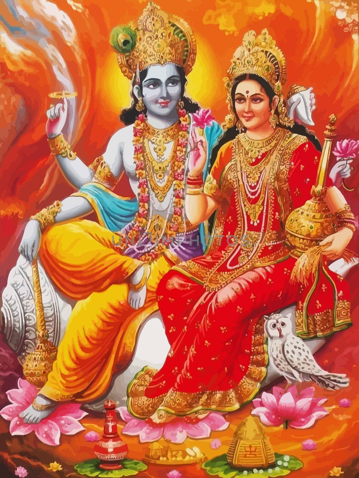 lady Surya sun light and Lakshmi owl  hinduism  mythology  illustration