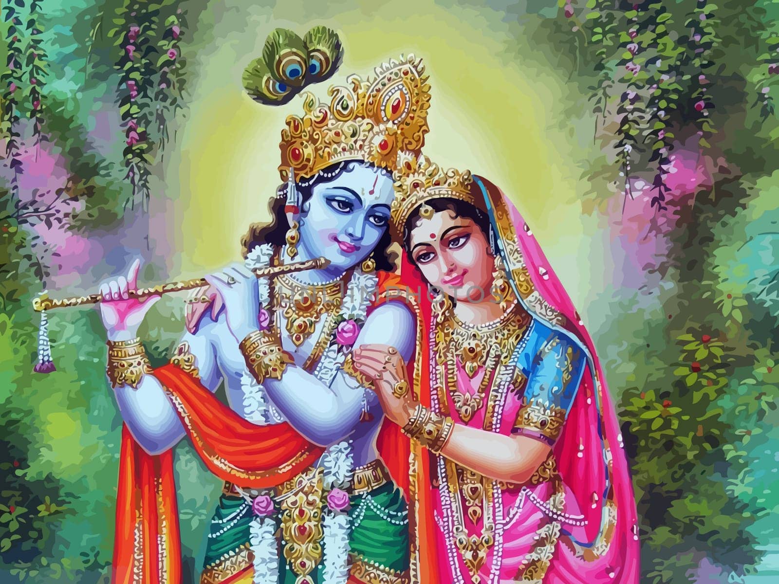 Krishna and Radha forest vegetation  hinduism illustration
