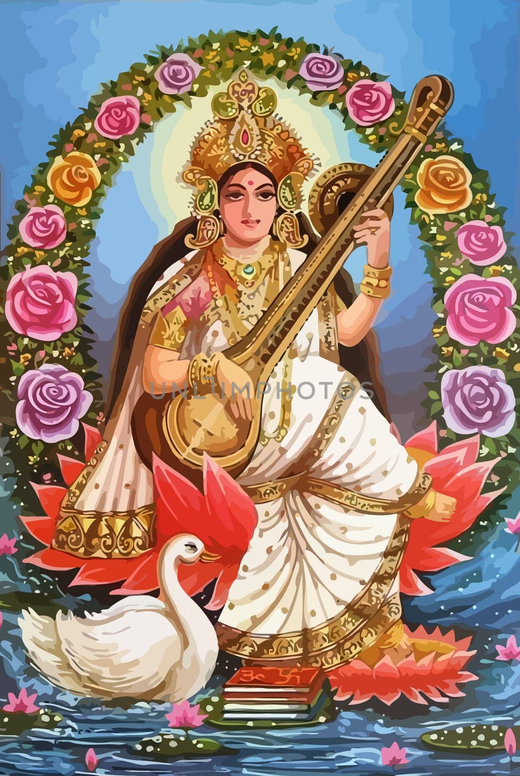 god Saraswati spiritual   play veena holy culture music hinduism  illustration