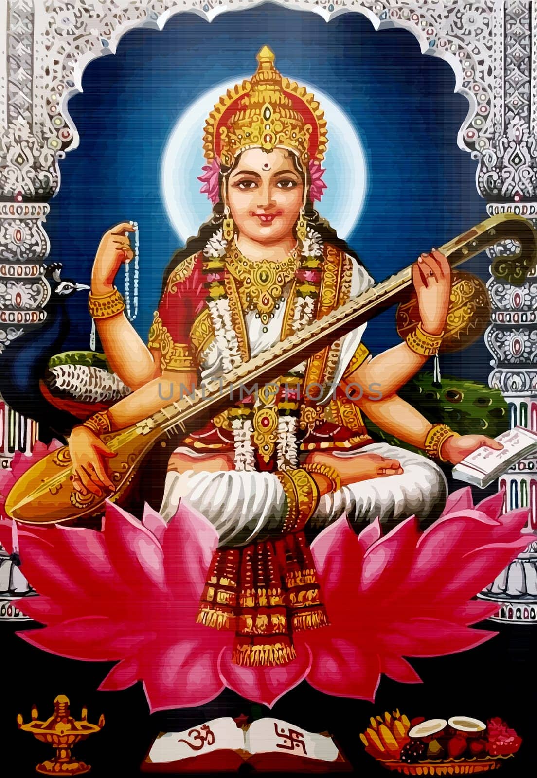 holy hindu god Saraswati spiritual   play veena holy culture music   illustration metallic