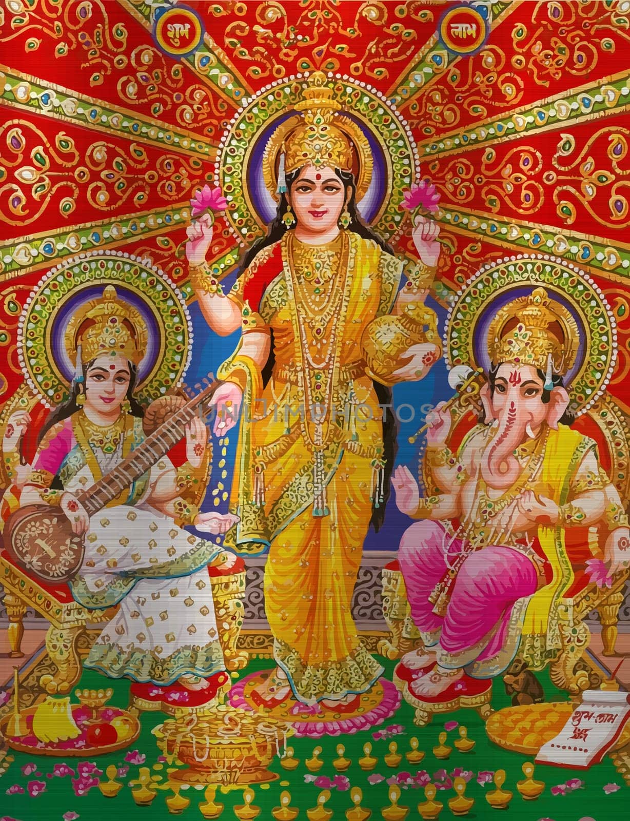 holy hindu god Saraswati spiritual   play veena holy culture music   illustration metallic