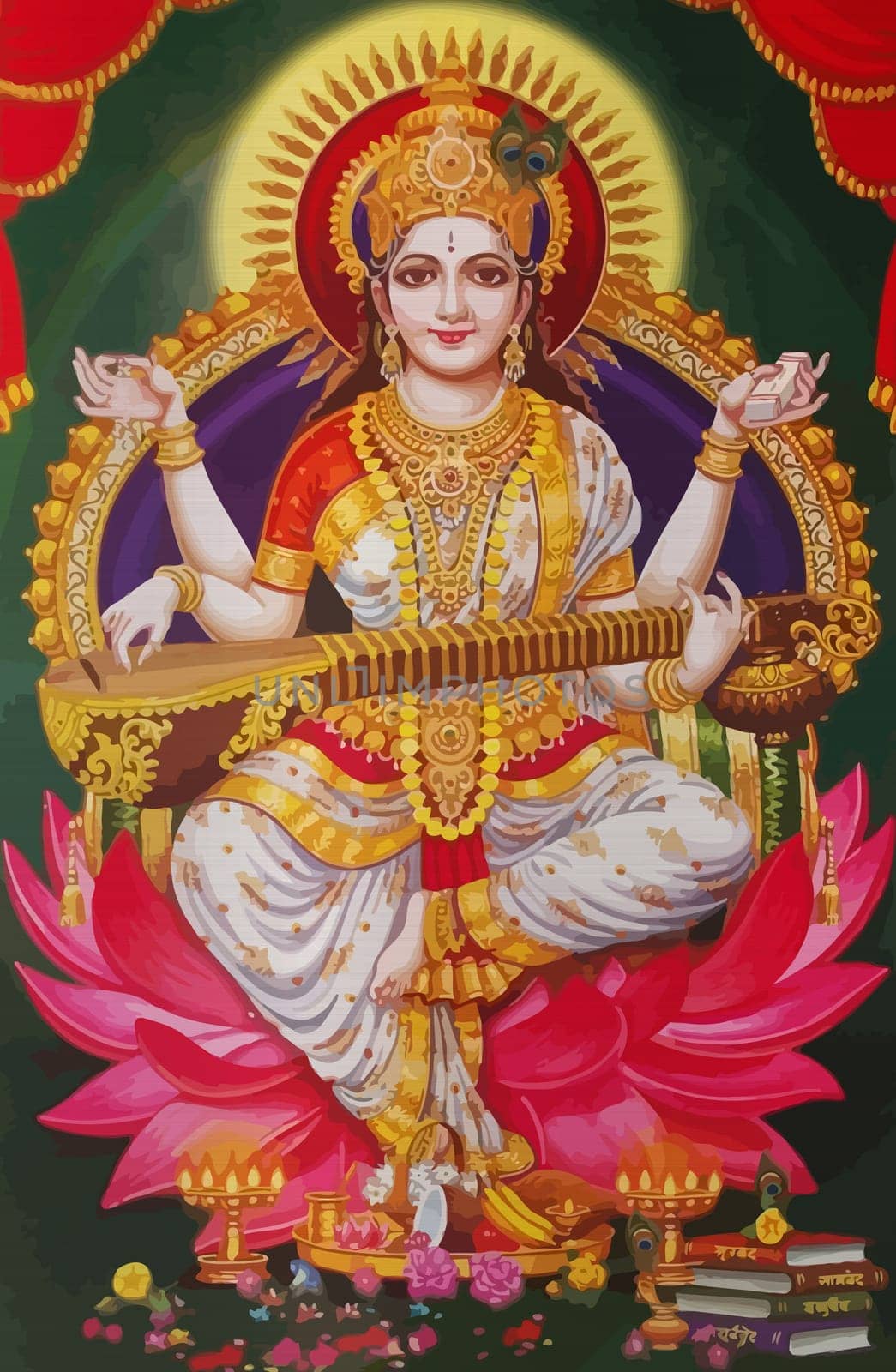 holy hindu god Saraswati spiritual   play veena holy culture music   illustration metallic