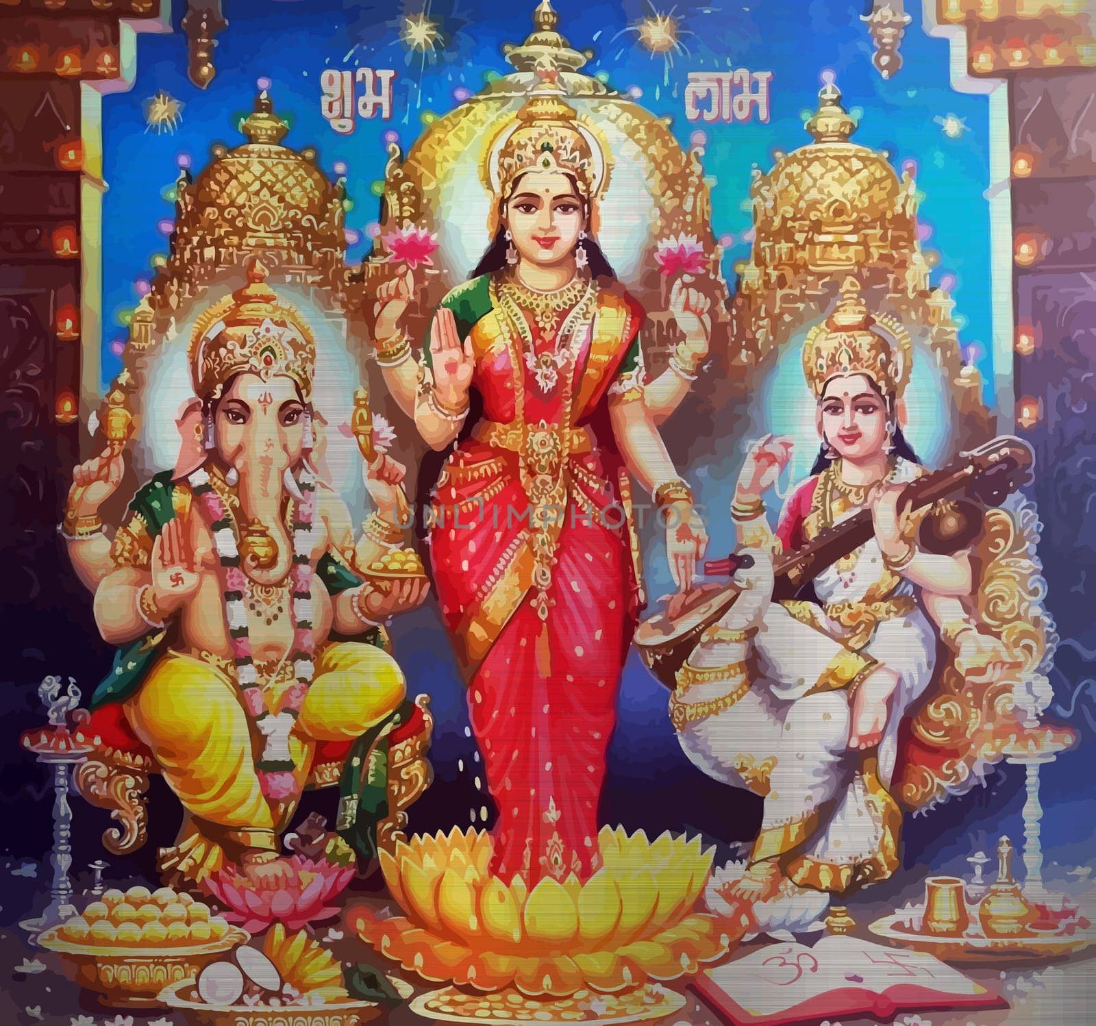 holy hindu god Saraswati spiritual   play veena holy culture music   illustration metallic