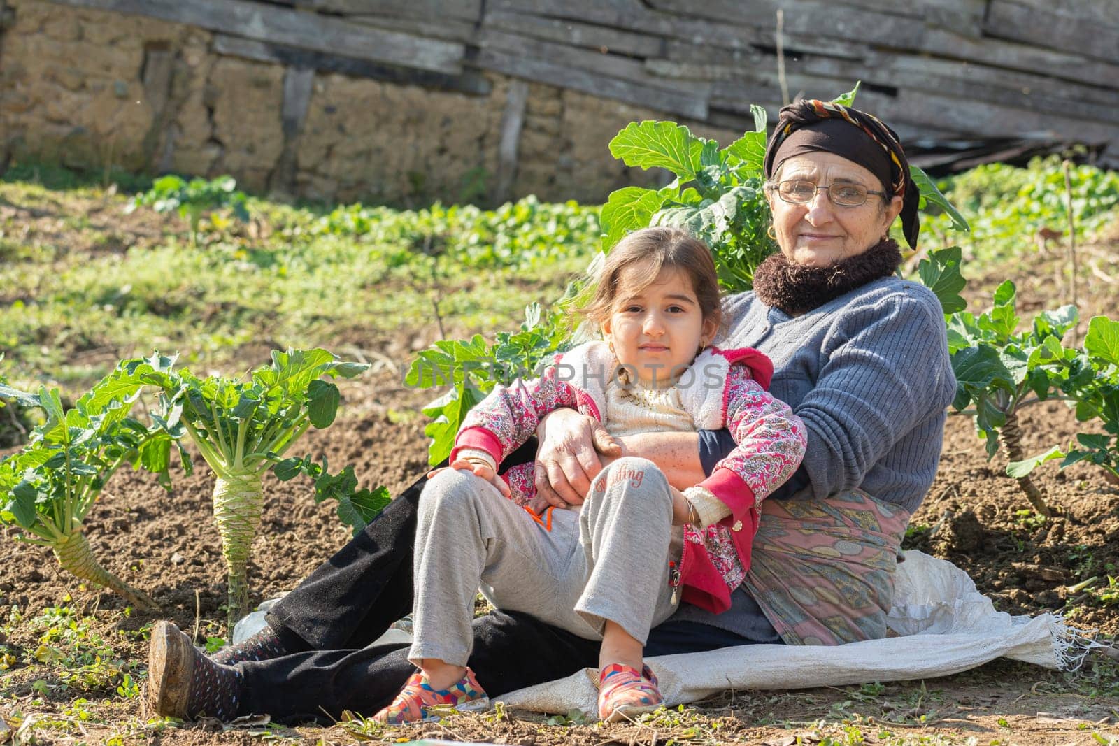 Portrait of a little girl with her senior Muslim grandmother at cabbage garden