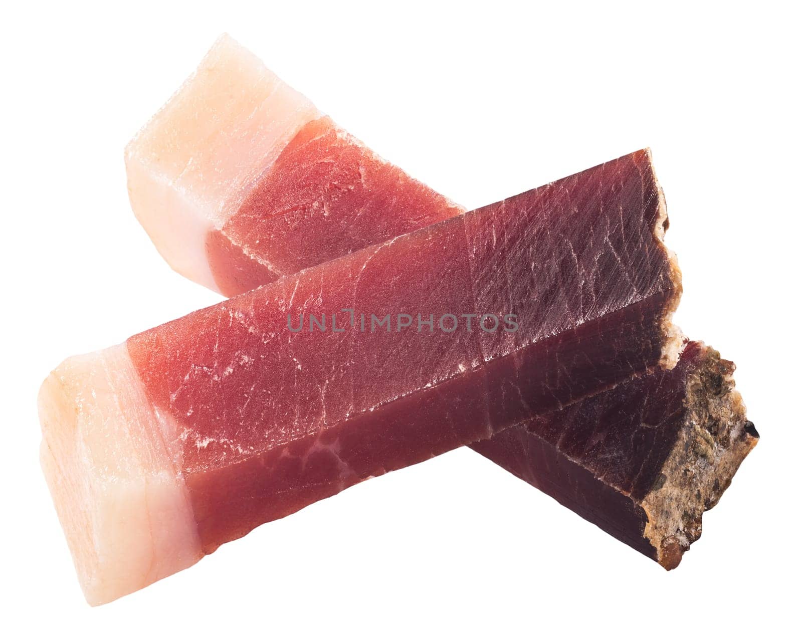 Sticks of Speck, a South Tyrolean cured pork meat or smoke-dried ham, isolated
