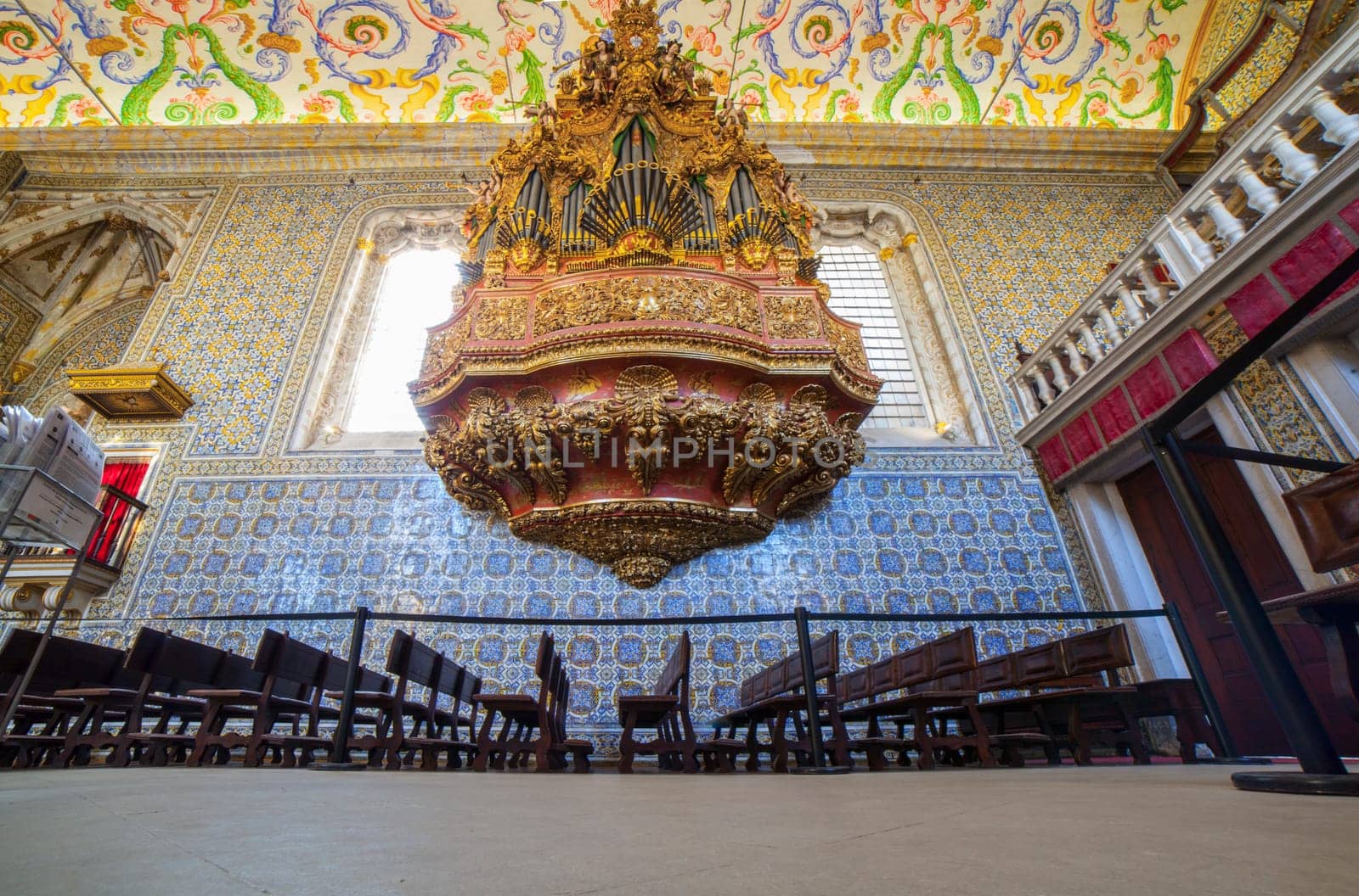 Coimbra, Portugal - Sept 6th 2019: Organ of University Chapel or Capela de Sao Miguel Chapel. Tourist attraction of university old quarter, Coimbra, Portugal