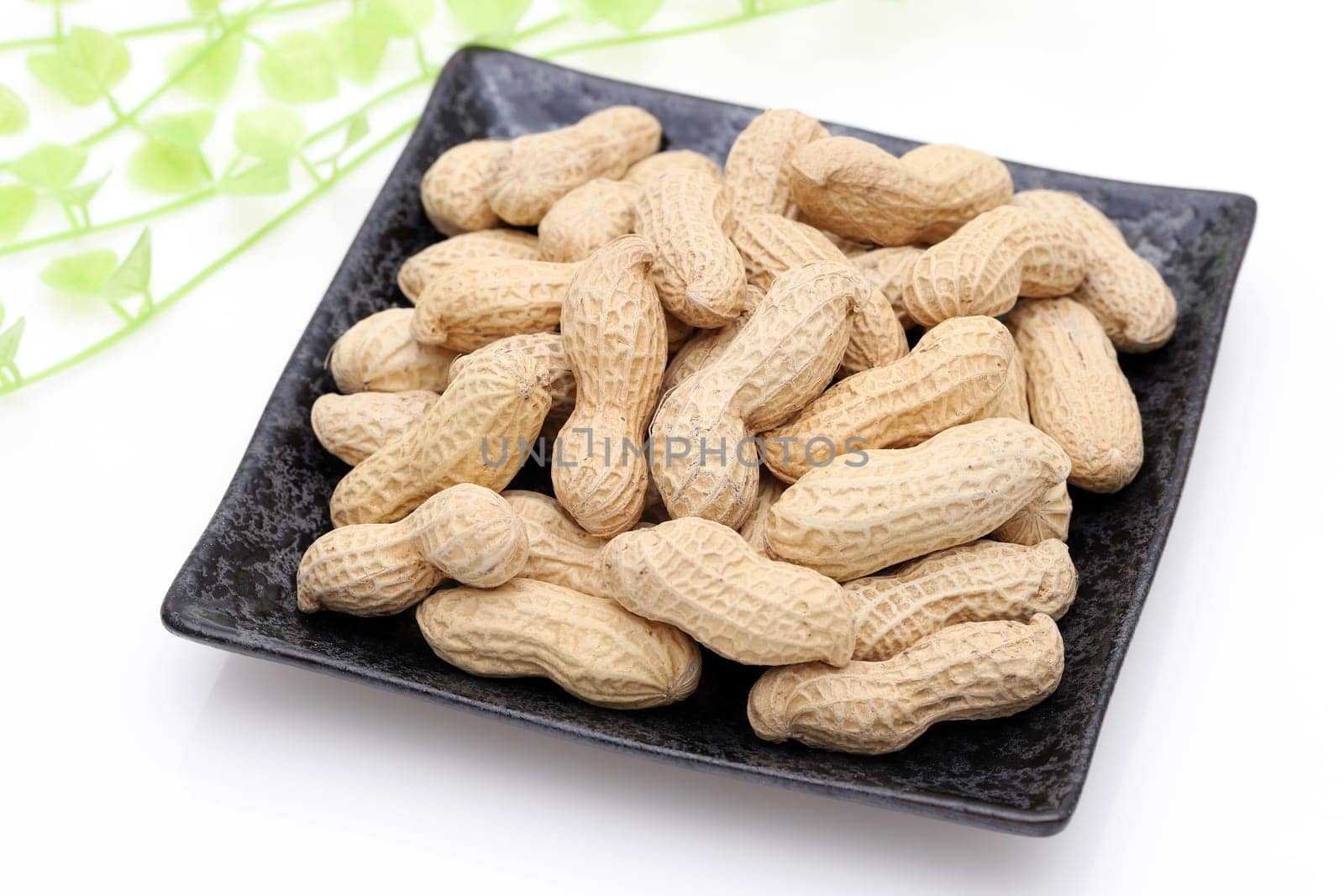 Organic peanuts in shell in a dish on white background