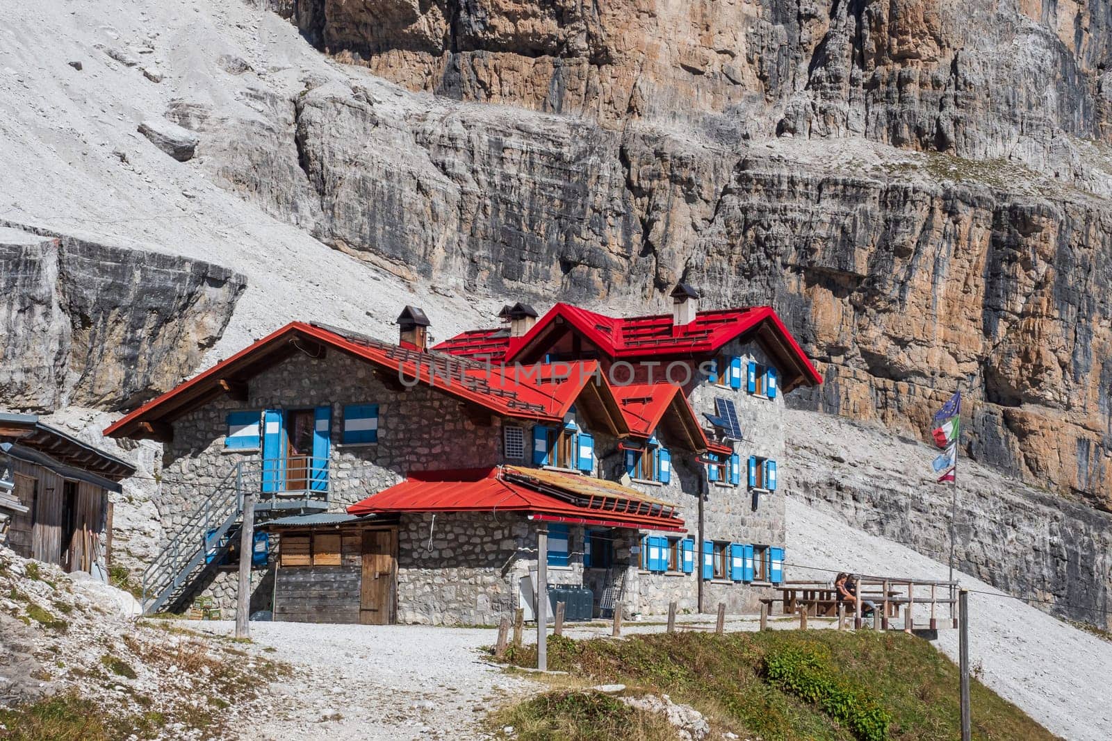 Alpine hut Silvio Agostini in Dolomites Alps, Italy.