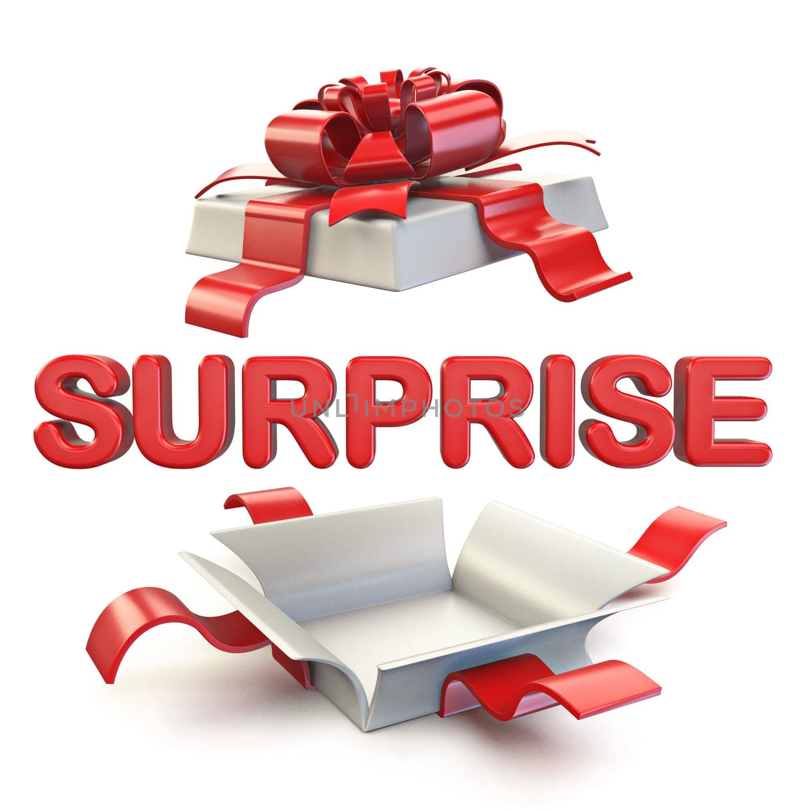 Surprise gift box 3D render illustration isolated on white background