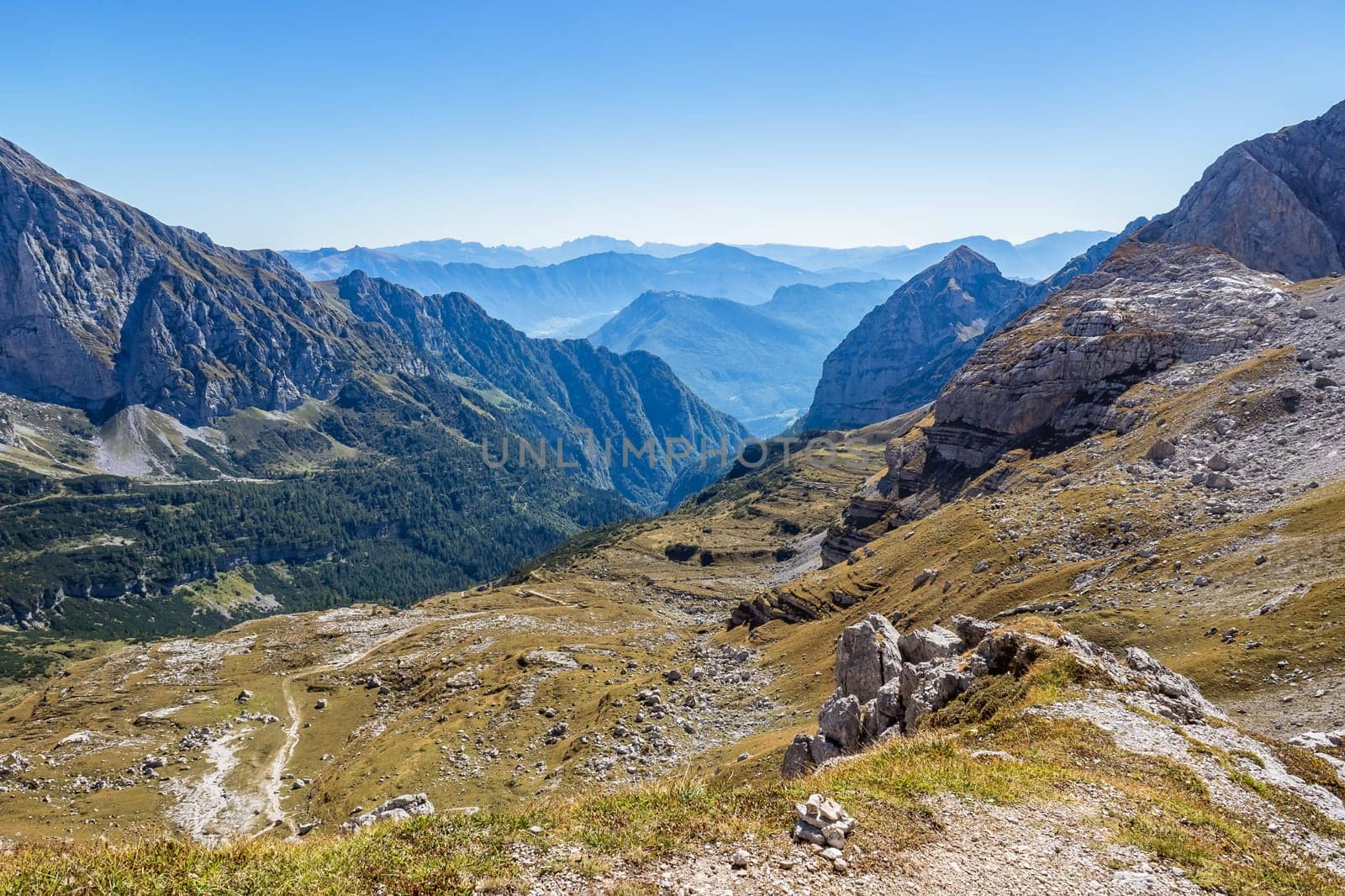 View of famous Dolomites mountain peaks in summer, The Dolomites of Brenta group, Italy
